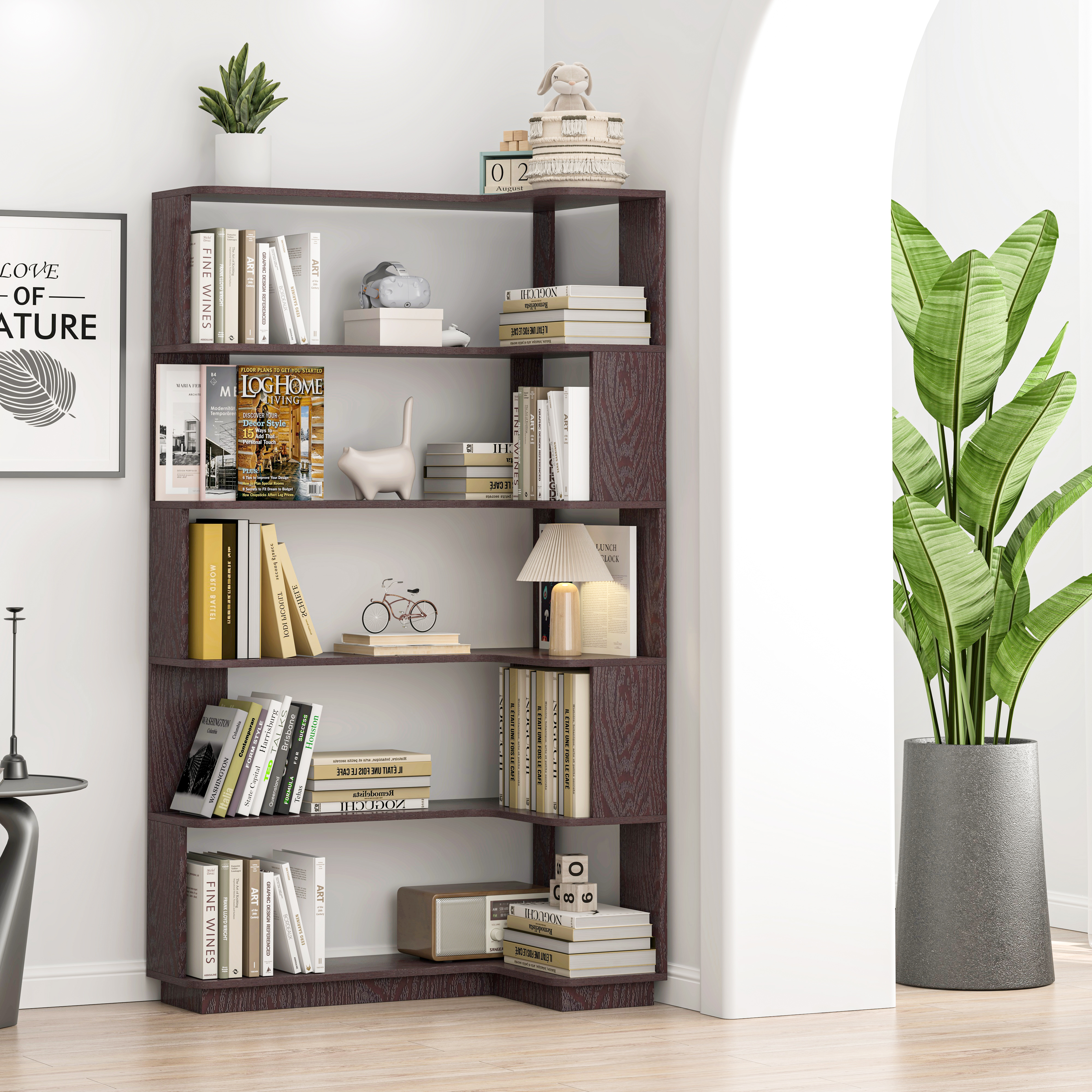 90cm   35.43in Extended Size Freestanding Corner Bookshelf For Living Room, Bedroom, Home Office, Wooden Bookcase With Anti-drop Panel And Anti Tipping Device, Open Storage Display Cabinet 5 Colors