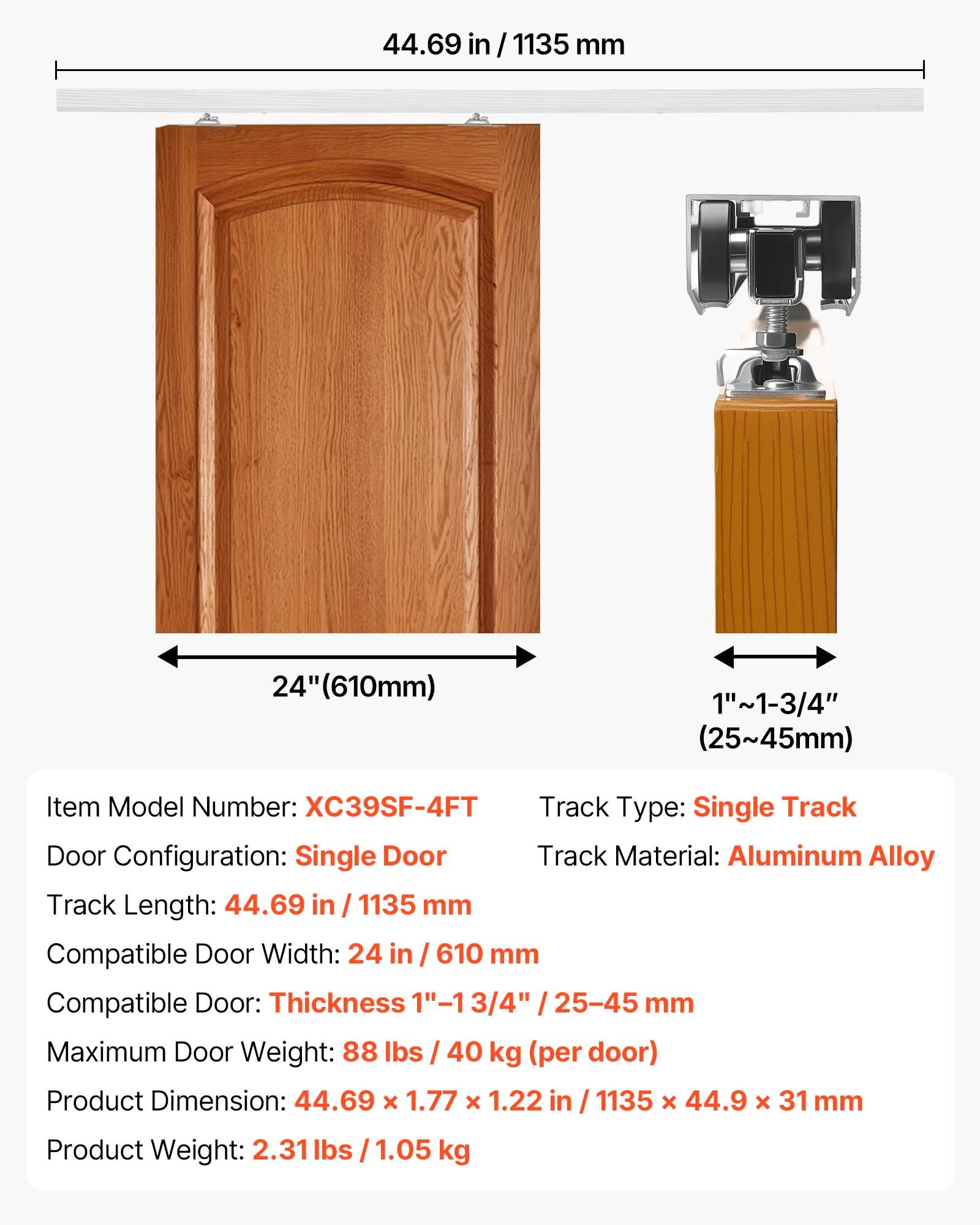 Sliding Pocket Door Hardware Track Kit, 44.69" Pocket Door Track Kit With Soft Close Mechanism For Smooth And Quiet Sliding, Easy To Install, For 1" To 1 3/4" Thickness 24" Width Single Door