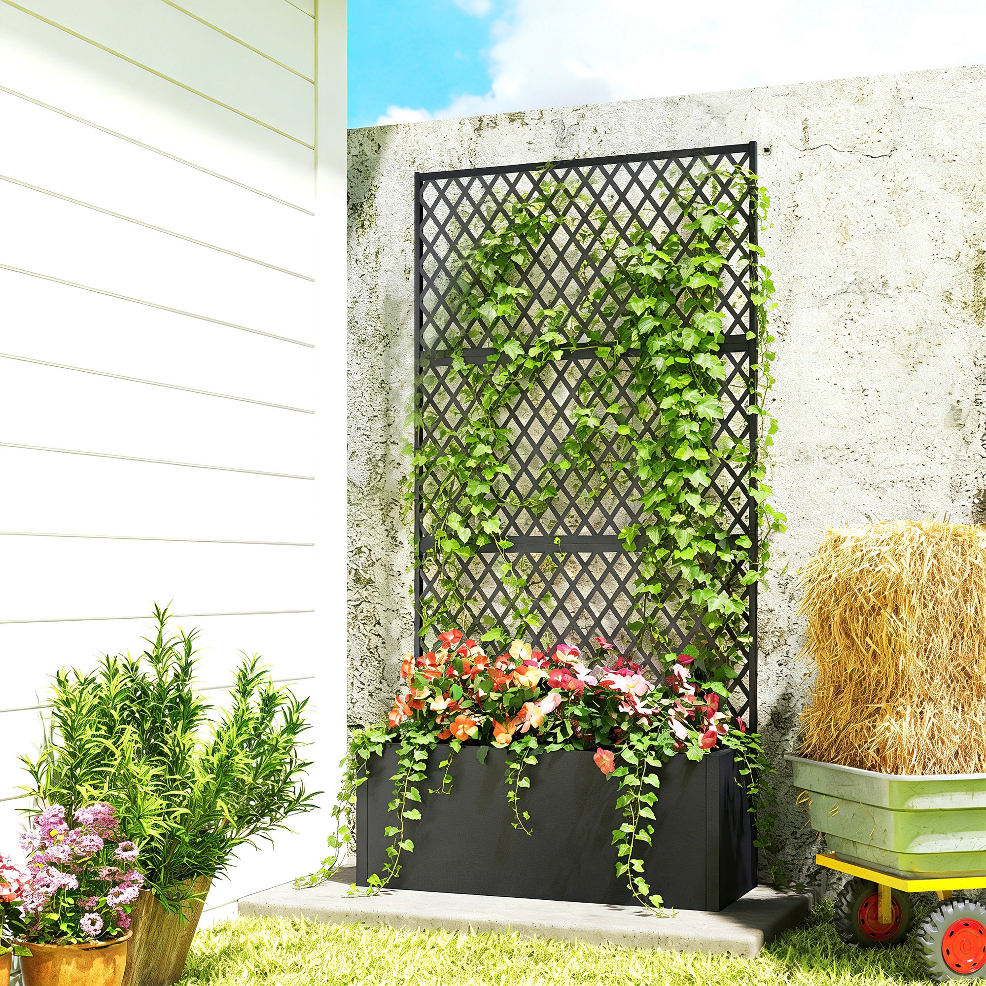 Macetero de metal con enrejado de diamante para plantas trepadoras