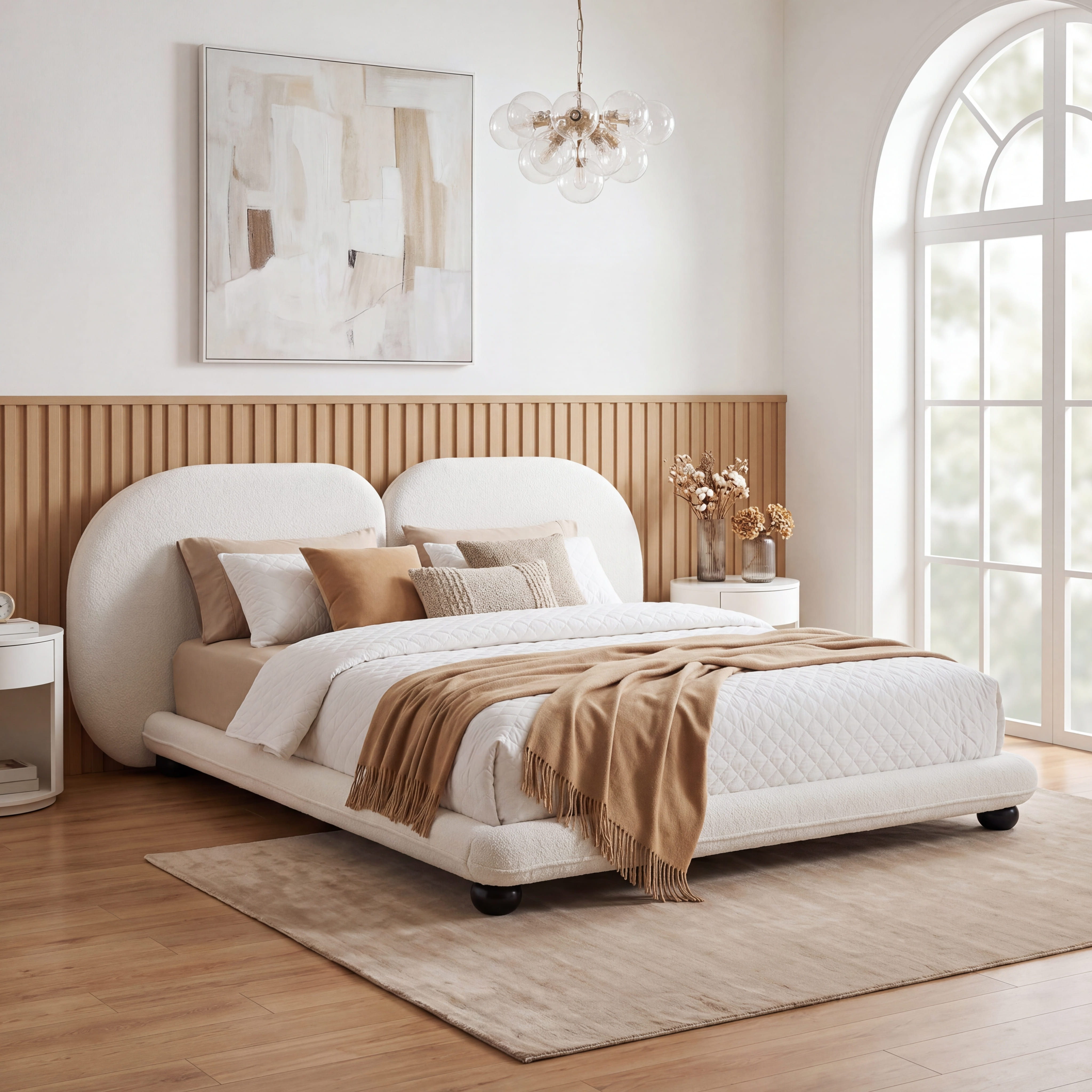 Extra Thick Upholstered Platform Bed Frame With Luxury Split Headboard, Teddy Fleece Fabric, 800 Lbs Heavy Duty, Easy Assembly, White,Queen