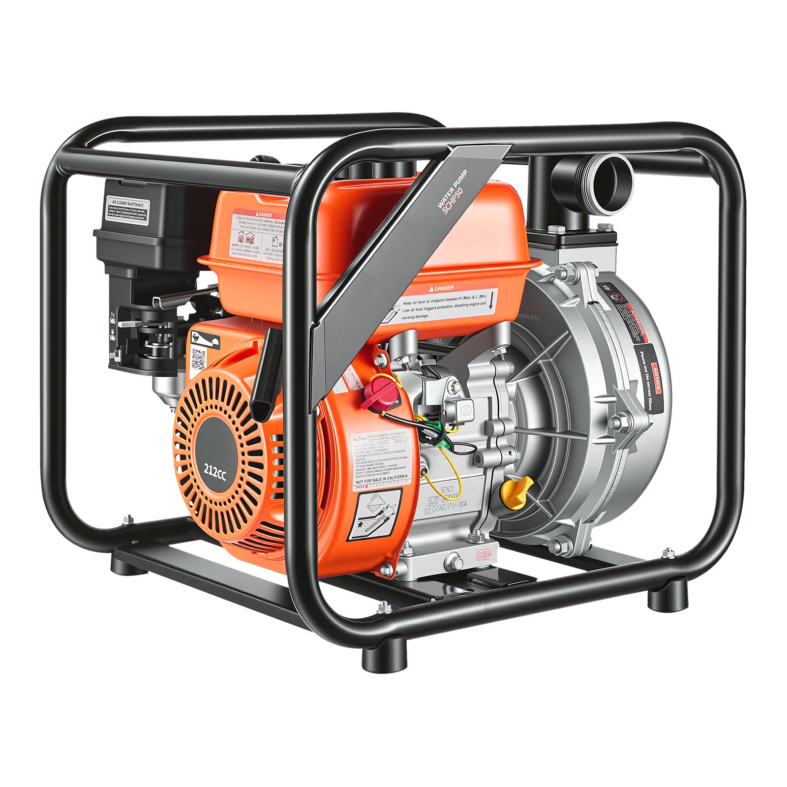Bomba de agua a gasolina 6 HP, 2 pulgadas, 128 GPM, portátil con manguera de 25 pies.