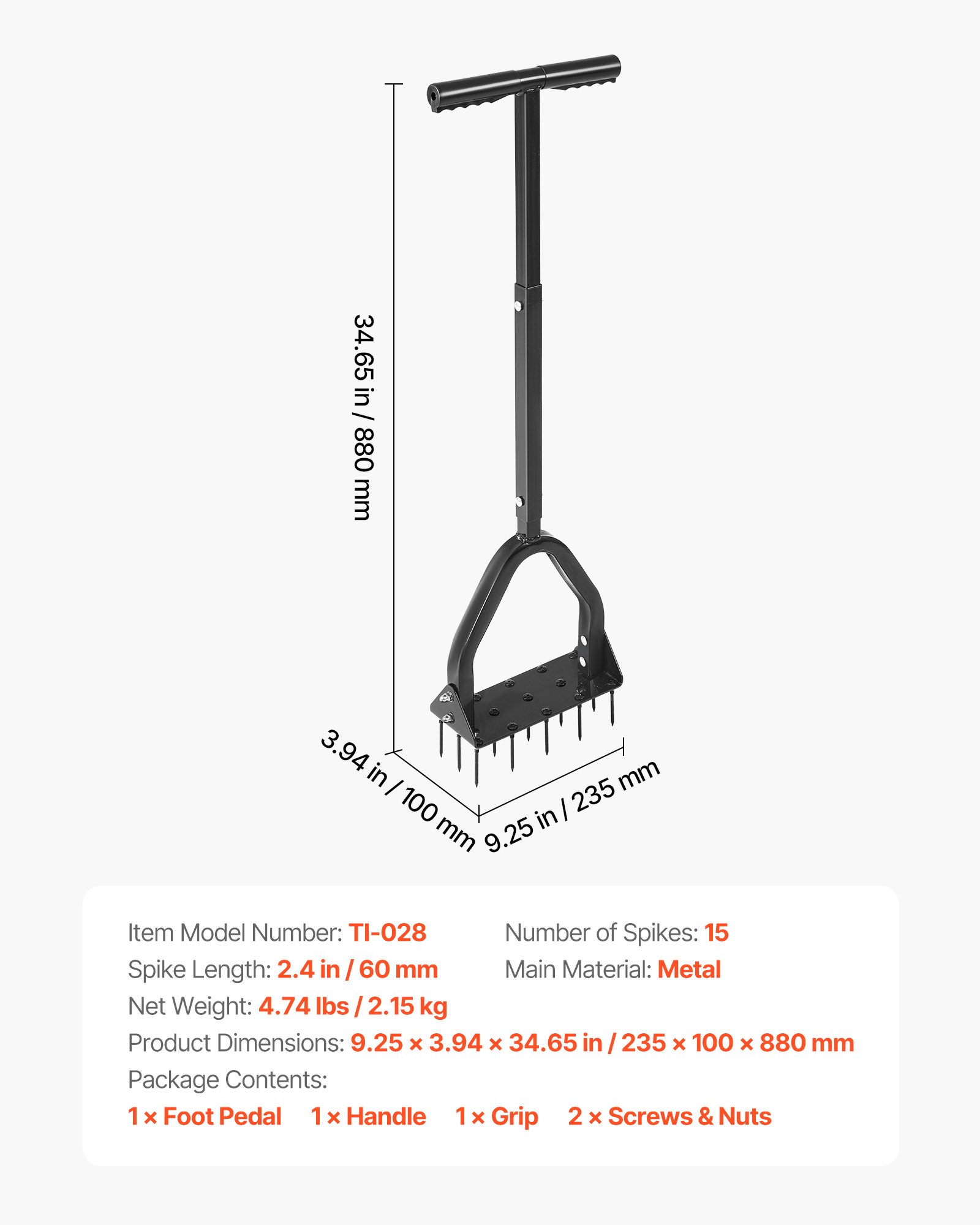 Aireador de césped manual de 9.2 pulgadas con 15 púas de hierro y mango largo