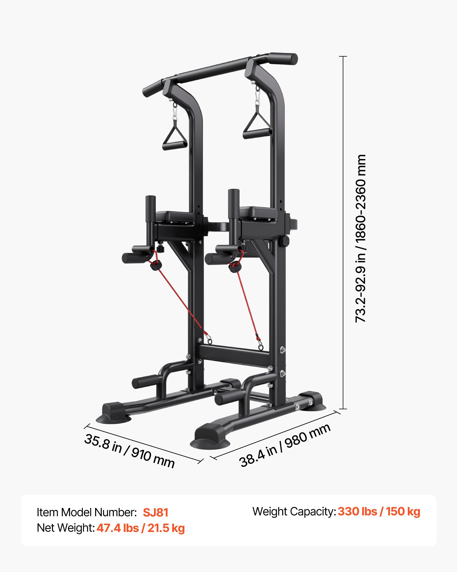 Pull Up Bar, 330 LBS Power Tower Dip Station, Workout Dip Station With H-Shaped Stable Base & Back Pad, Adjustable 12 Level Height Free Standing Chin Up Bar For Back, 4-Level Adjustable Back Pad