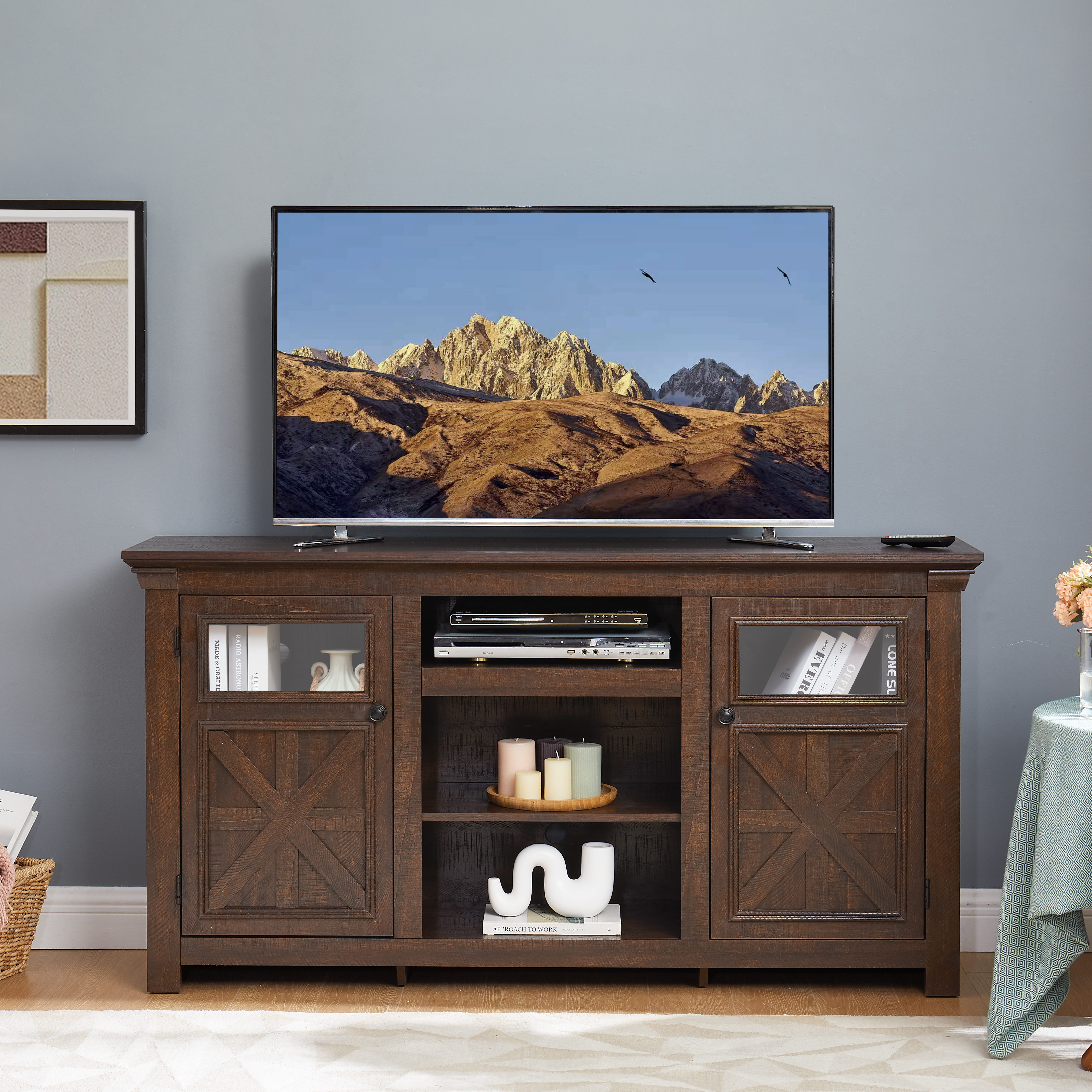 2 Doors Cabinet Farmhouse  Cabinet, Farmhouse TV Stand Barn Design,Modern Farmhouse TV Media Stand, Large Barn Inspired Home Entertainment Console,Espresso, 60.23 Wx15.35 Dx31.7 H