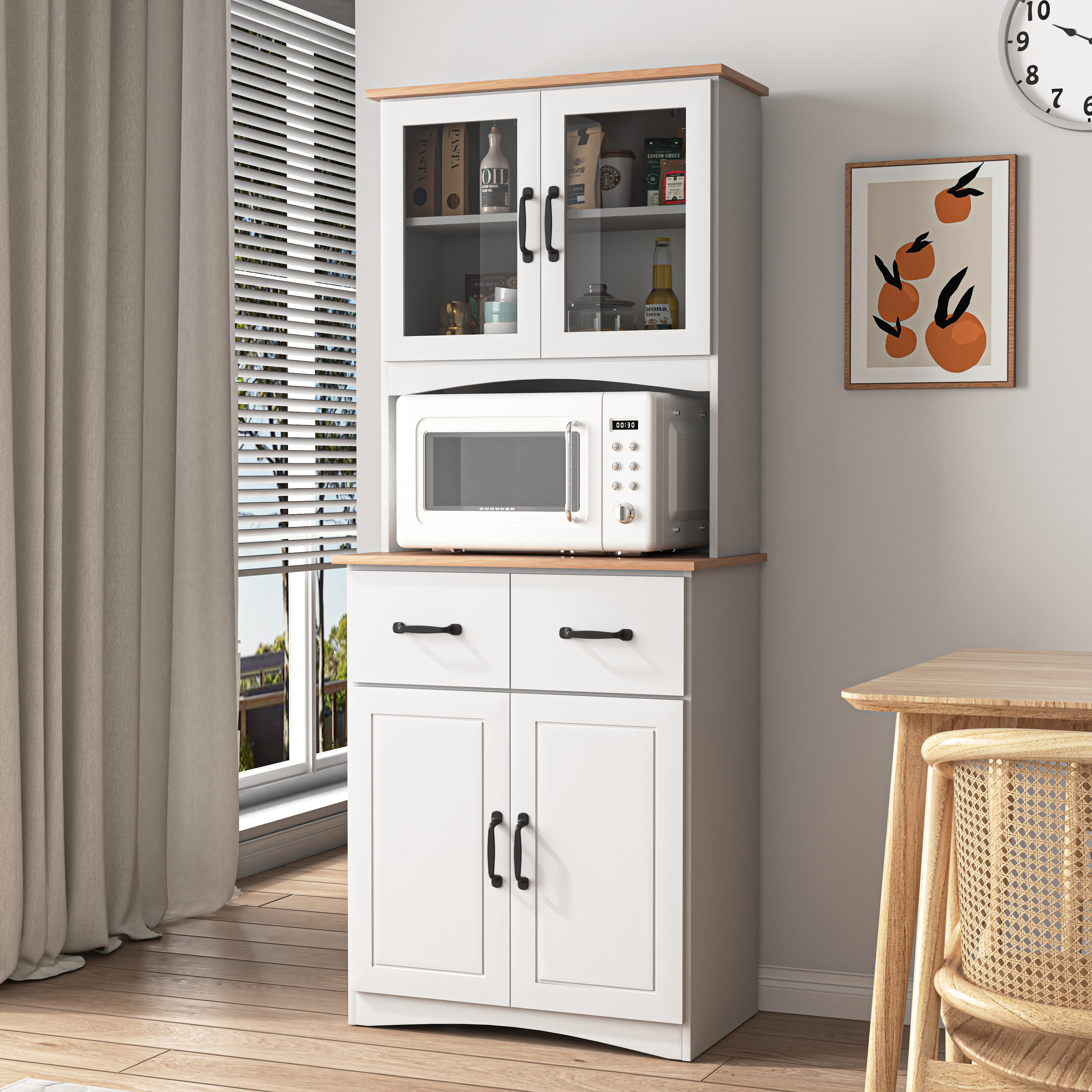 Wooden Kitchen Cabinet White Pantry Room Storage Microwave Cabinet With Framed Glass Doors And Drawer