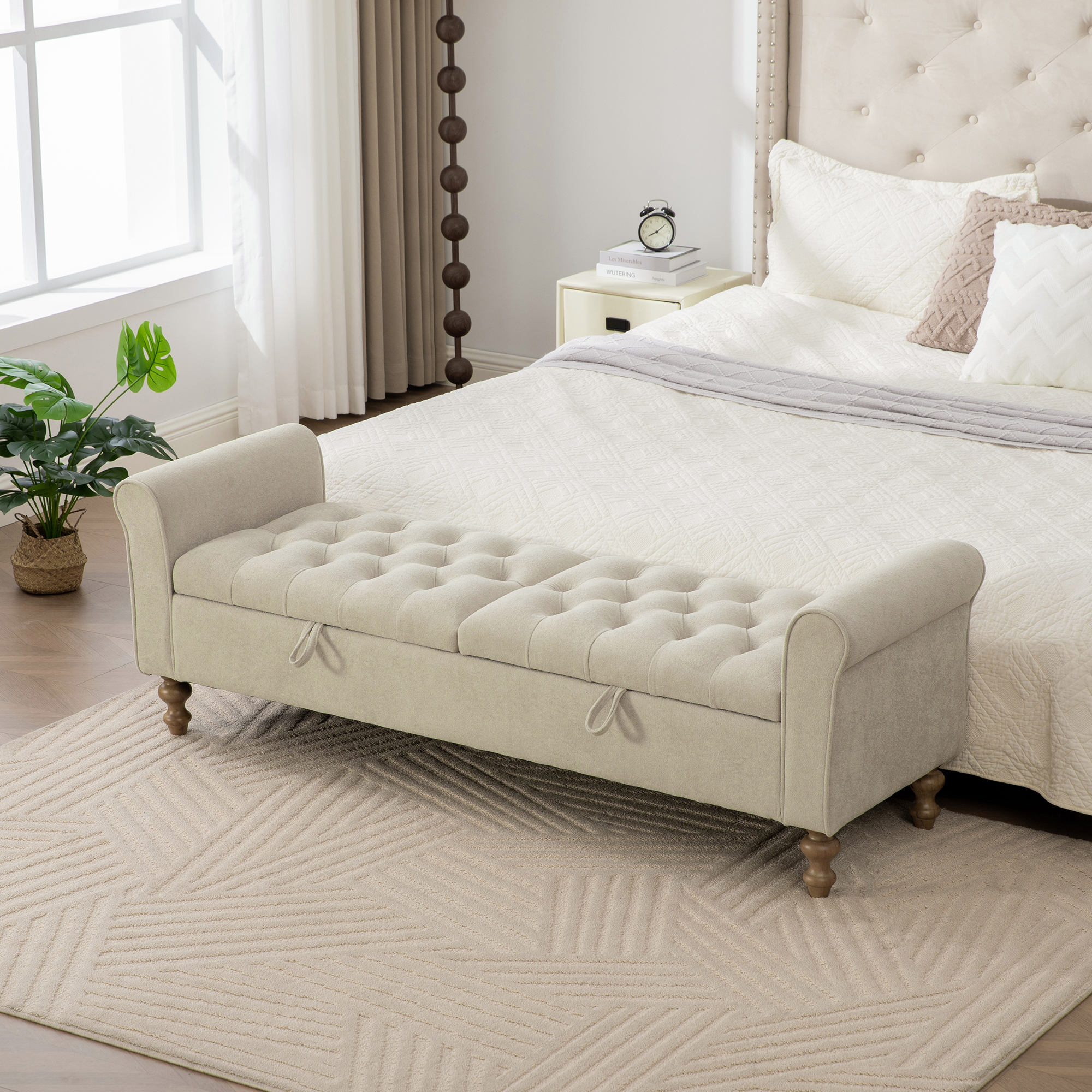 65.75" Wide Modern Upholstered  Storage Bench With Double Lids, Napped fabric Foot Stool With Rolled Armrest, Bench Daybed With Rubberwood Legs For Living Room, Entryway, Dormitory, Bedroom,Griege