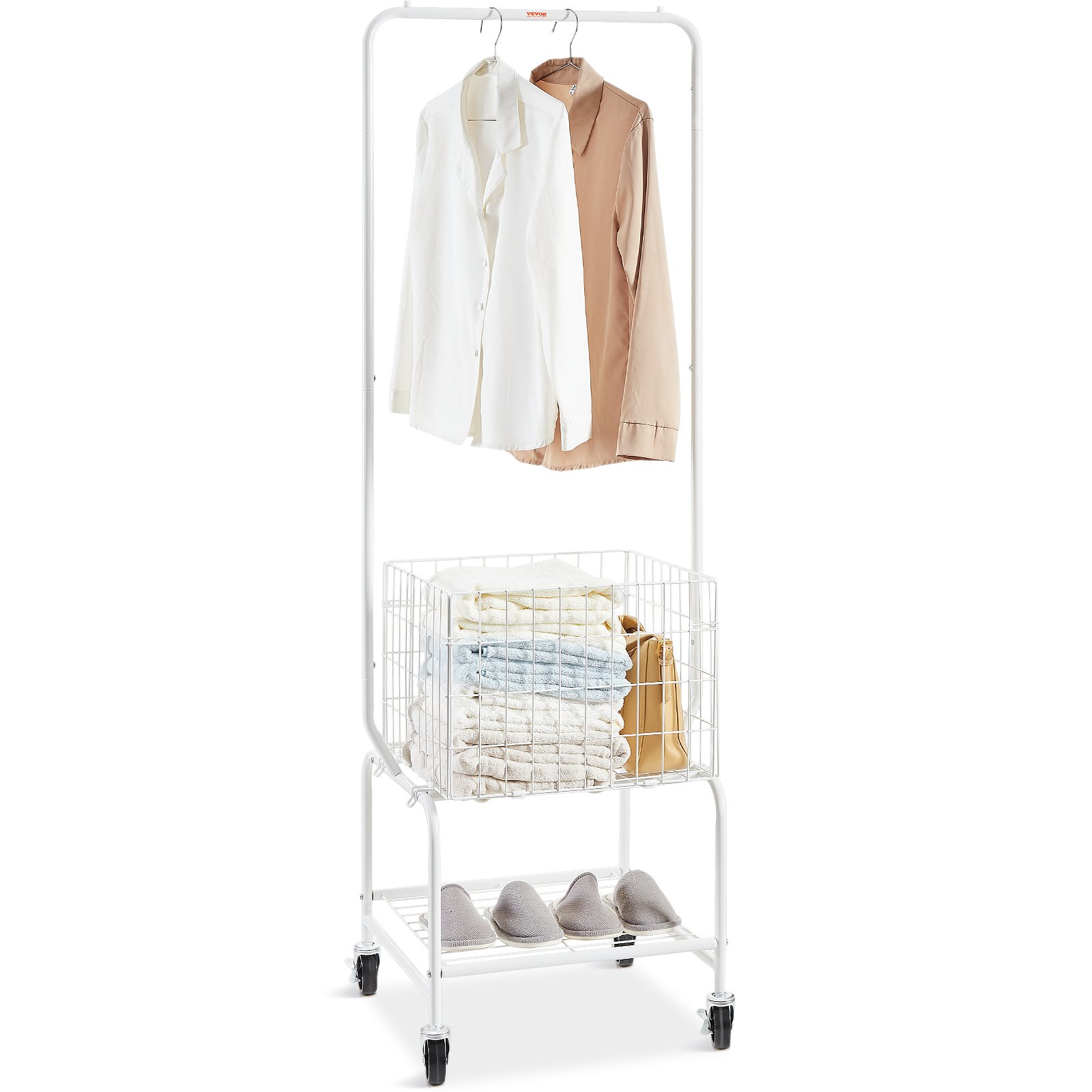Cesto de ropa de metal con ruedas, perchero colgante y altura ajustable, organizador