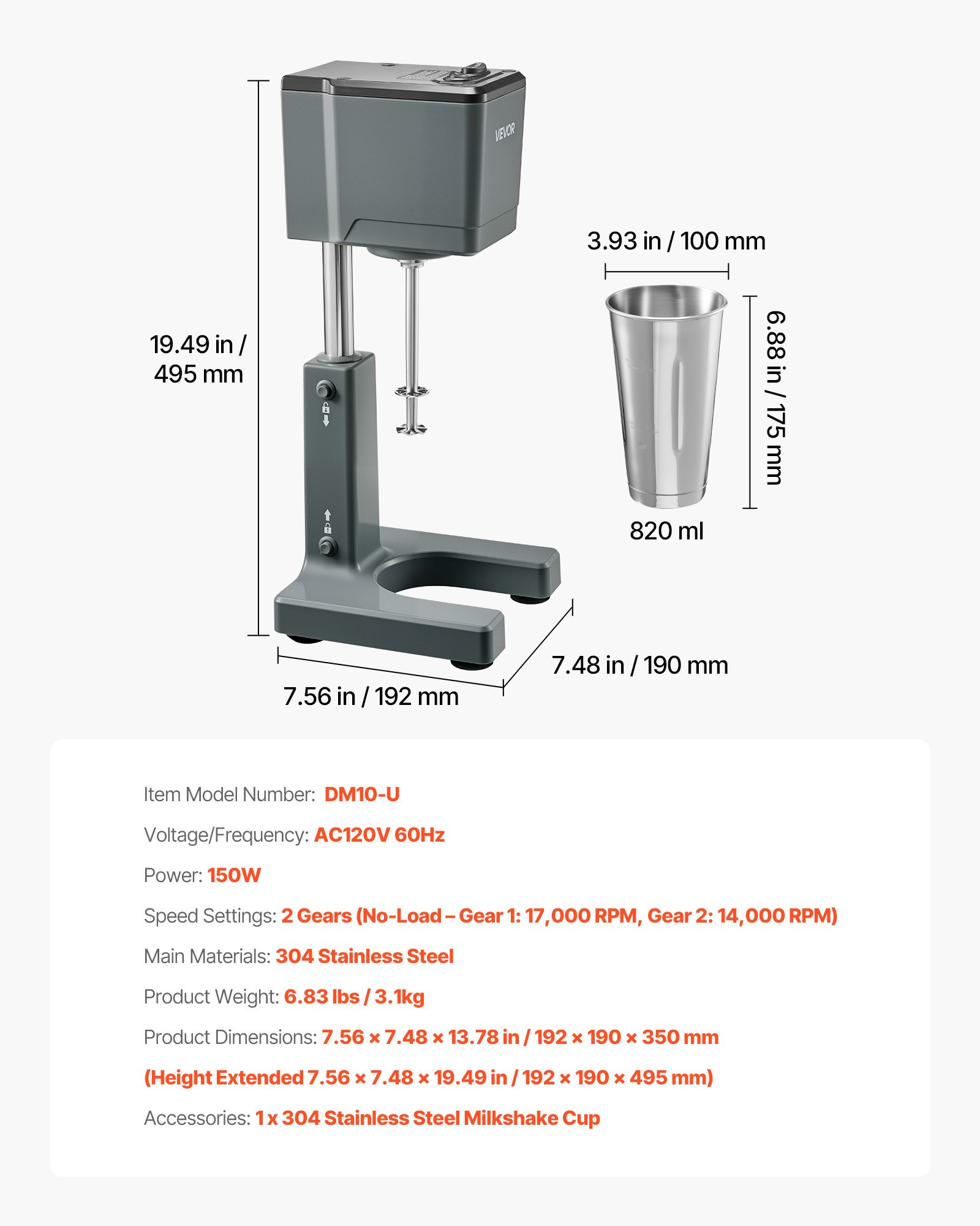 Batidora de malteadas 150W, mezclador de bebidas de doble velocidad con vaso de acero.