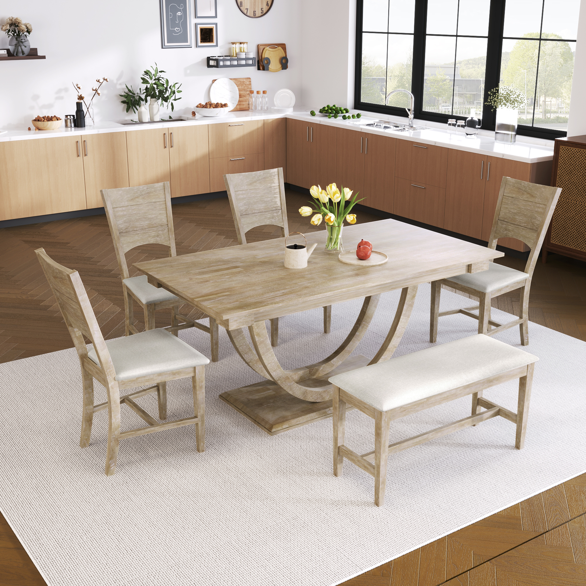 Set de comedor TOPMAX de 6 piezas: mesa semicircular, banco largo y 4 sillas, moderno