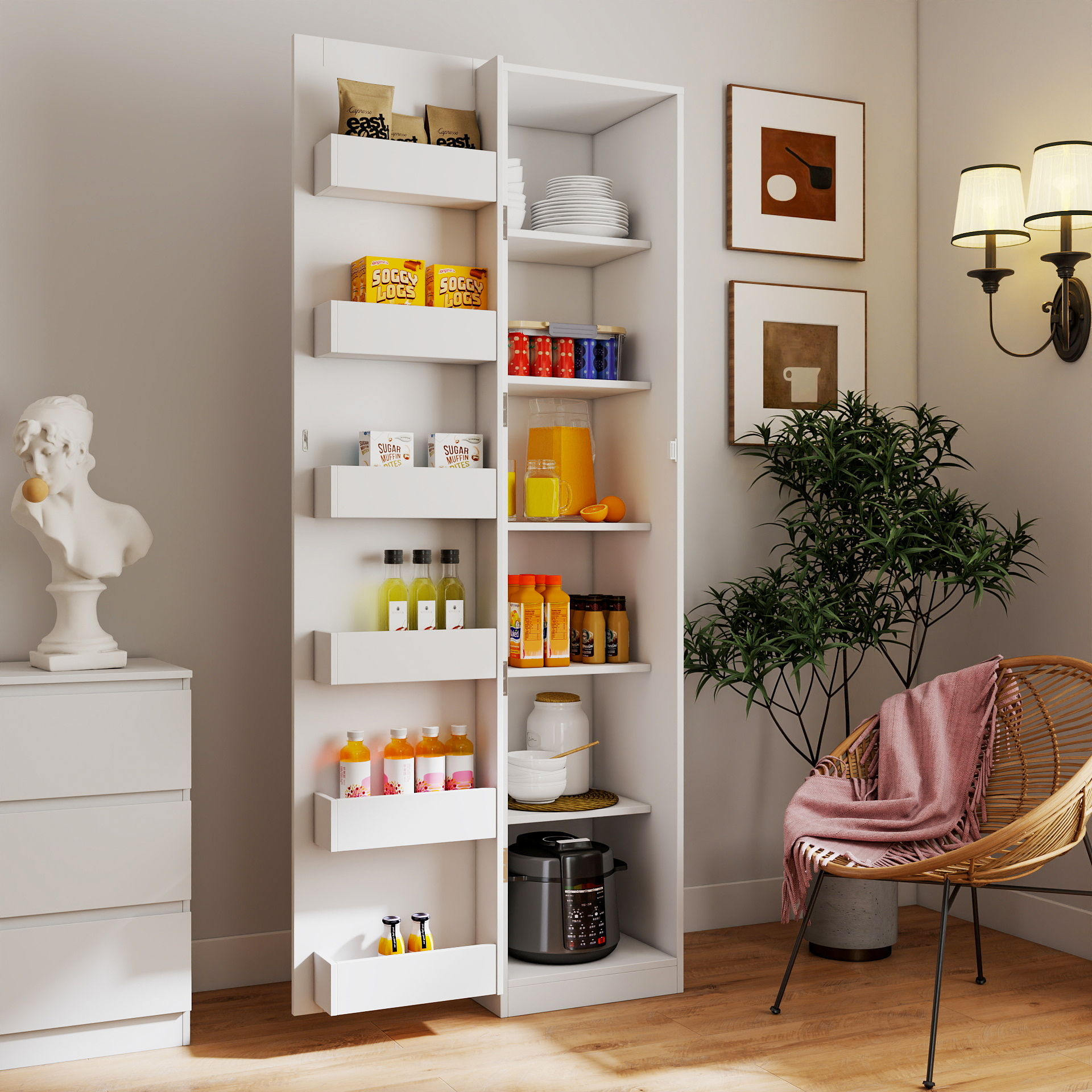 Gabinete de despensa de cocina blanco, independiente, con puertas y estantes