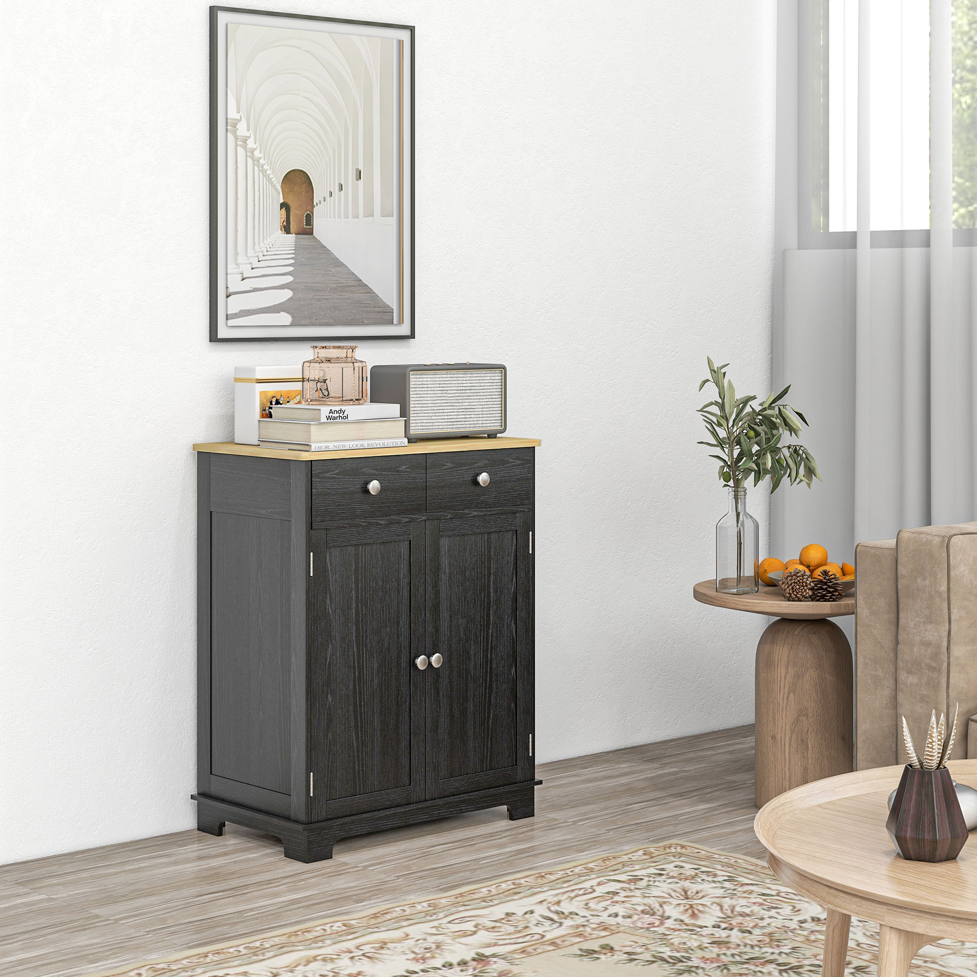 Gabinete de almacenamiento de cocina con tapa de madera maciza y 2 cajones, negro envejecido.