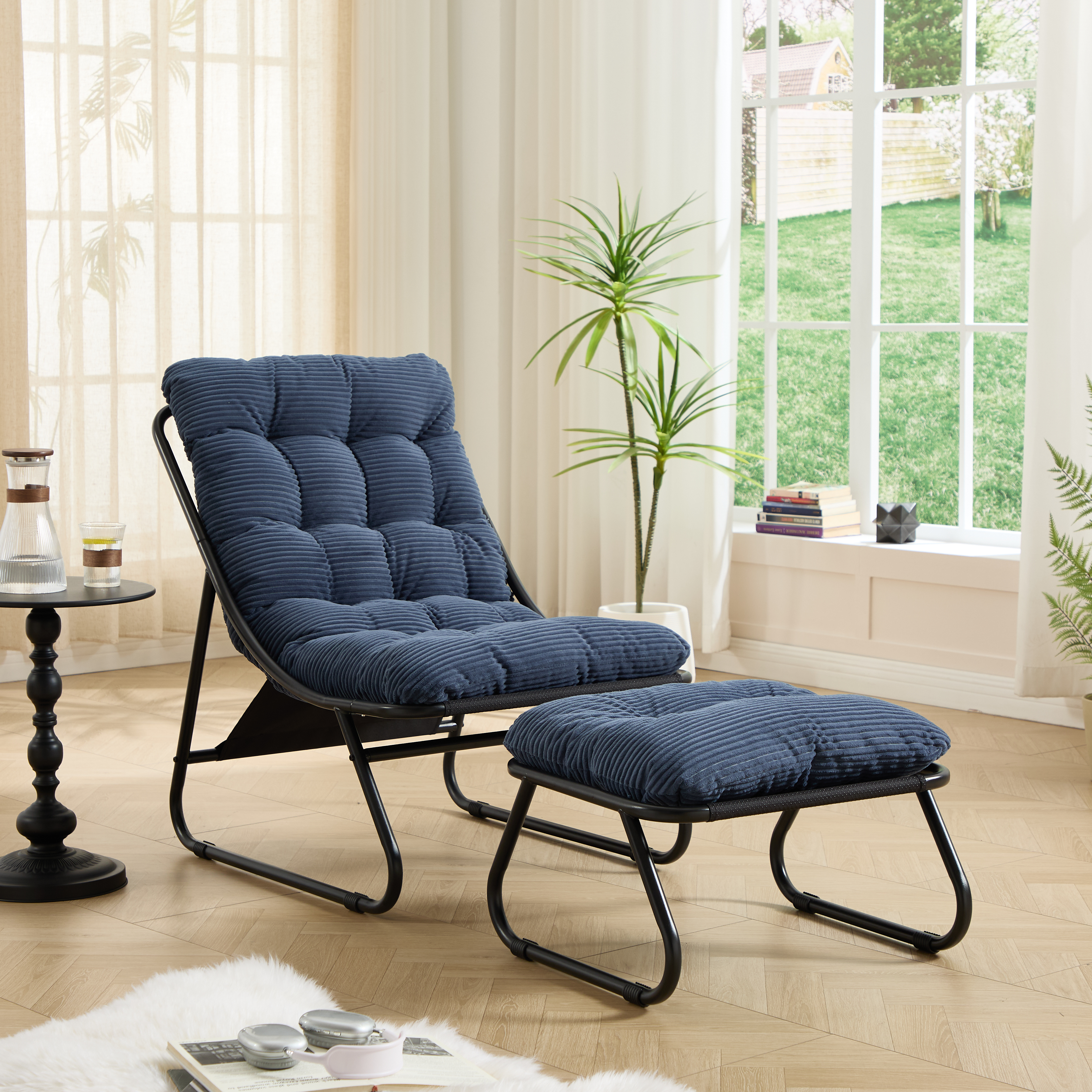 Patio Outdoor Lounge Chair With Ottoman, Comfy Sling Recliner Chair With Puffy Cushion And Foot Stool,  Ideal For Living Room, Bedroom, Reading Room, Black Frame With Navy Blue Cushion