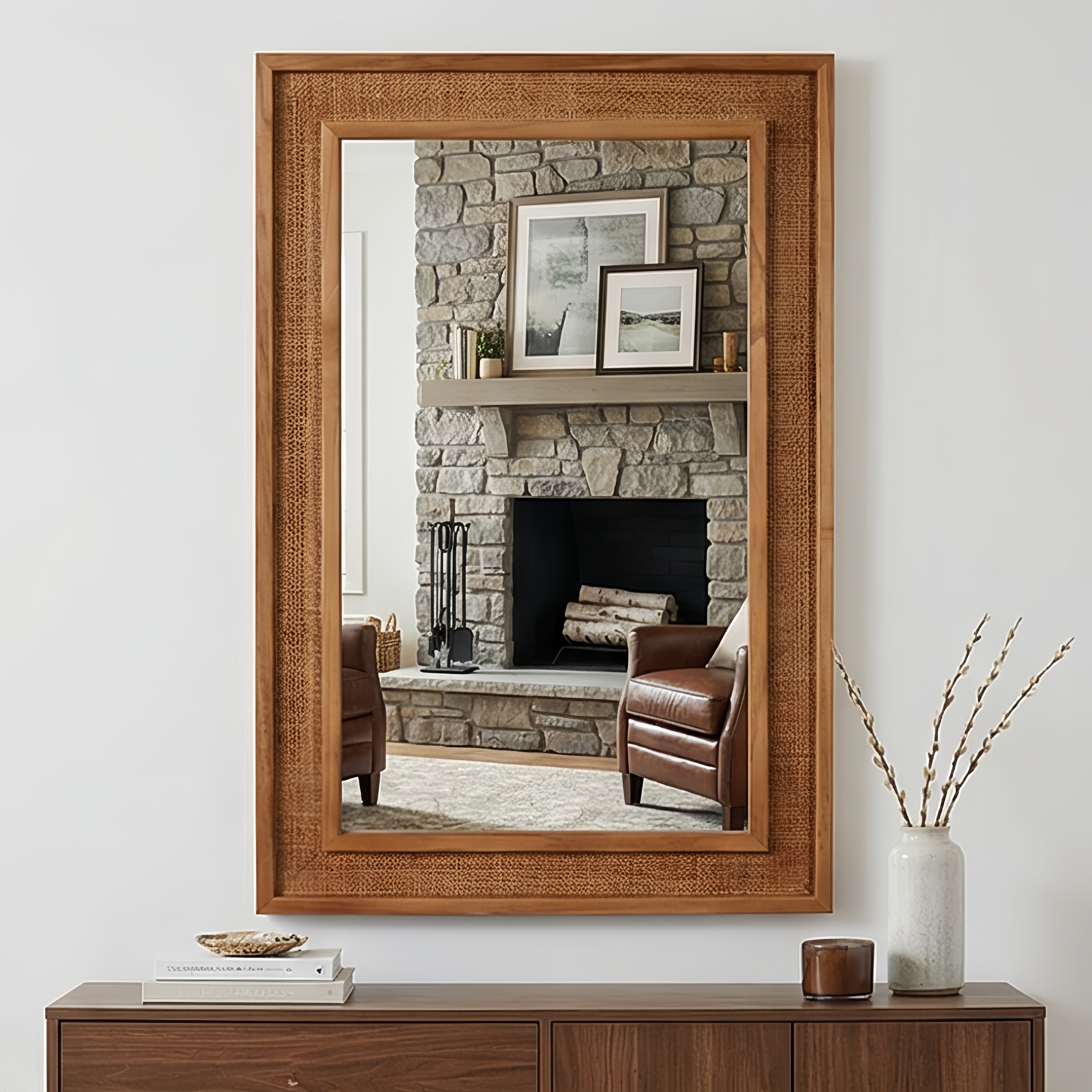 Espejo decorativo rectangular de ratán con marco de madera, 24x36 pulgadas