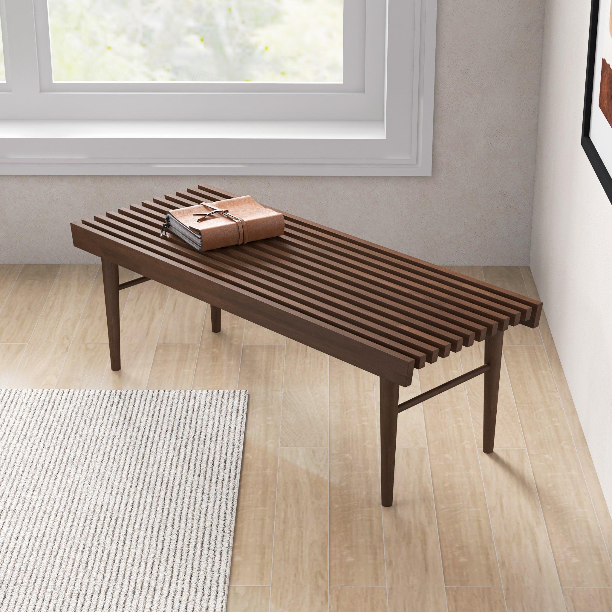 Mia Mid Century Modern Solid Wood Bench With Natural Walnut Stain Finish 15.5     H X 47.2     W X 18.1     D  For Living Room, Hallway, Bedroom, Bathroom