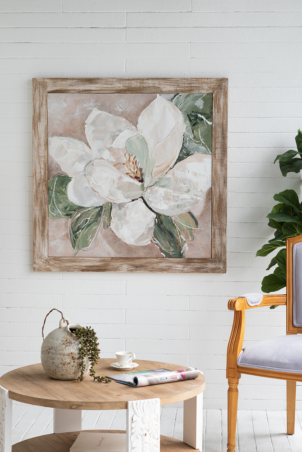39.4x39.4x1.2 Hand-Painted White Magnolia Art With Rustic Fir Wood Frame