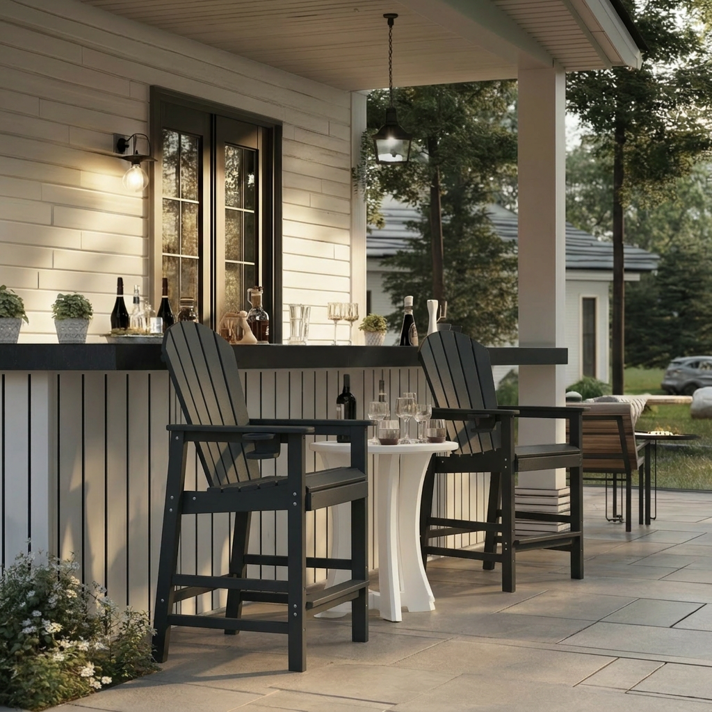 Silla Adirondack de Bar de HDPE para Exterior con Portavasos y Reposabrazos, Negra