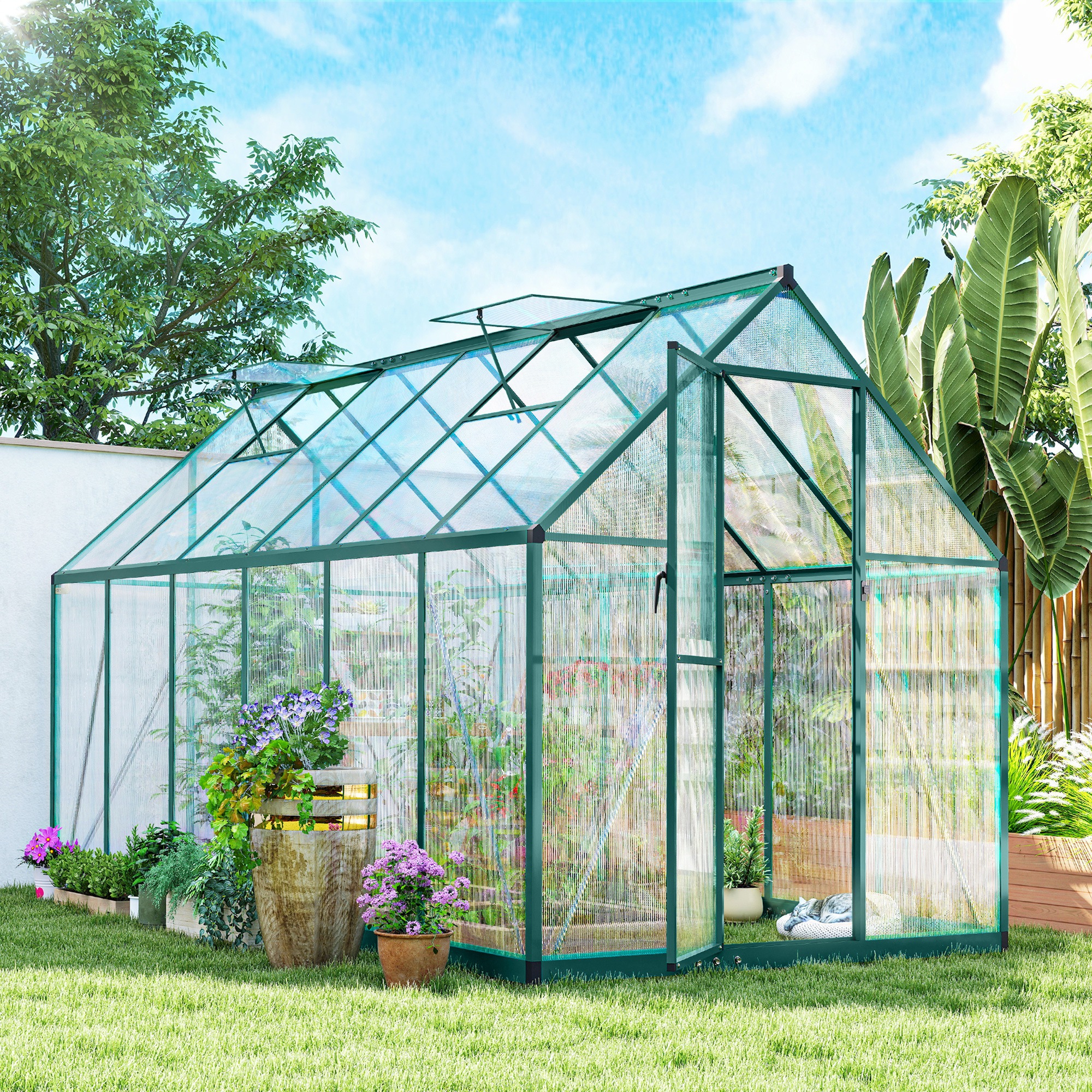 Polycarbonate Greenhouse with Swing Door and Two Adjustable Roof Vents, Aluminum Walk-in Greenhouse, 11x6 ft, Dark Green