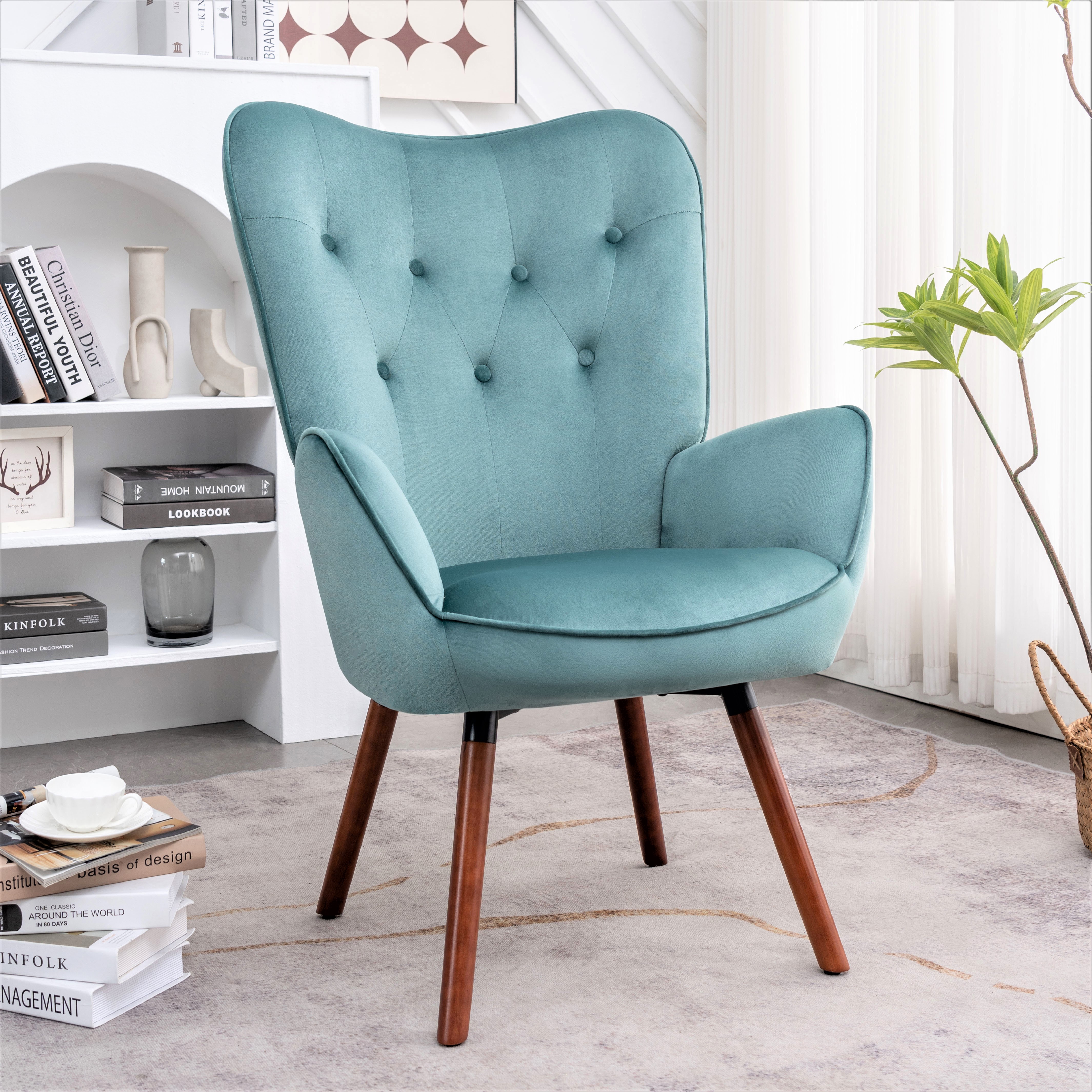 Sillón decorativo moderno de mediados de siglo, tela de poliéster, patas de madera