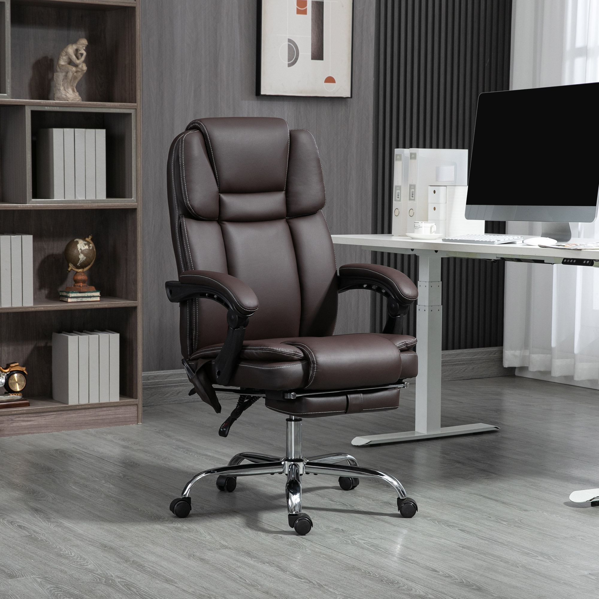 Silla de oficina de masaje con 6 puntos de vibración, cuero PU, reclinable, marrón