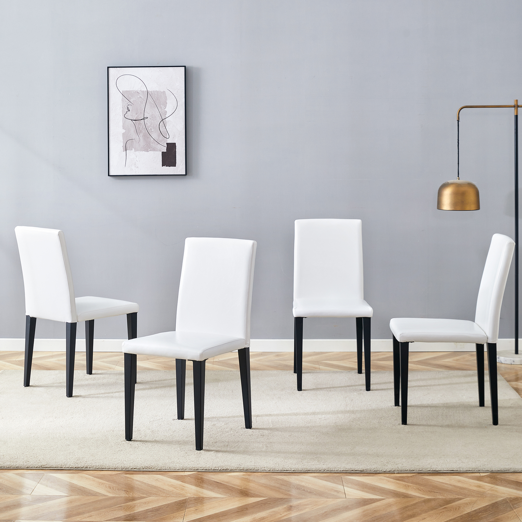 Set Of 4 White PU Dining Chairs 35.4  High, 18.5  Ergonomic Backrest, 17 X16  Sponge Seat, Perfect For Dining Room, Home Office & Living Space, Stylish & Comfortable.Black Metal Leg.