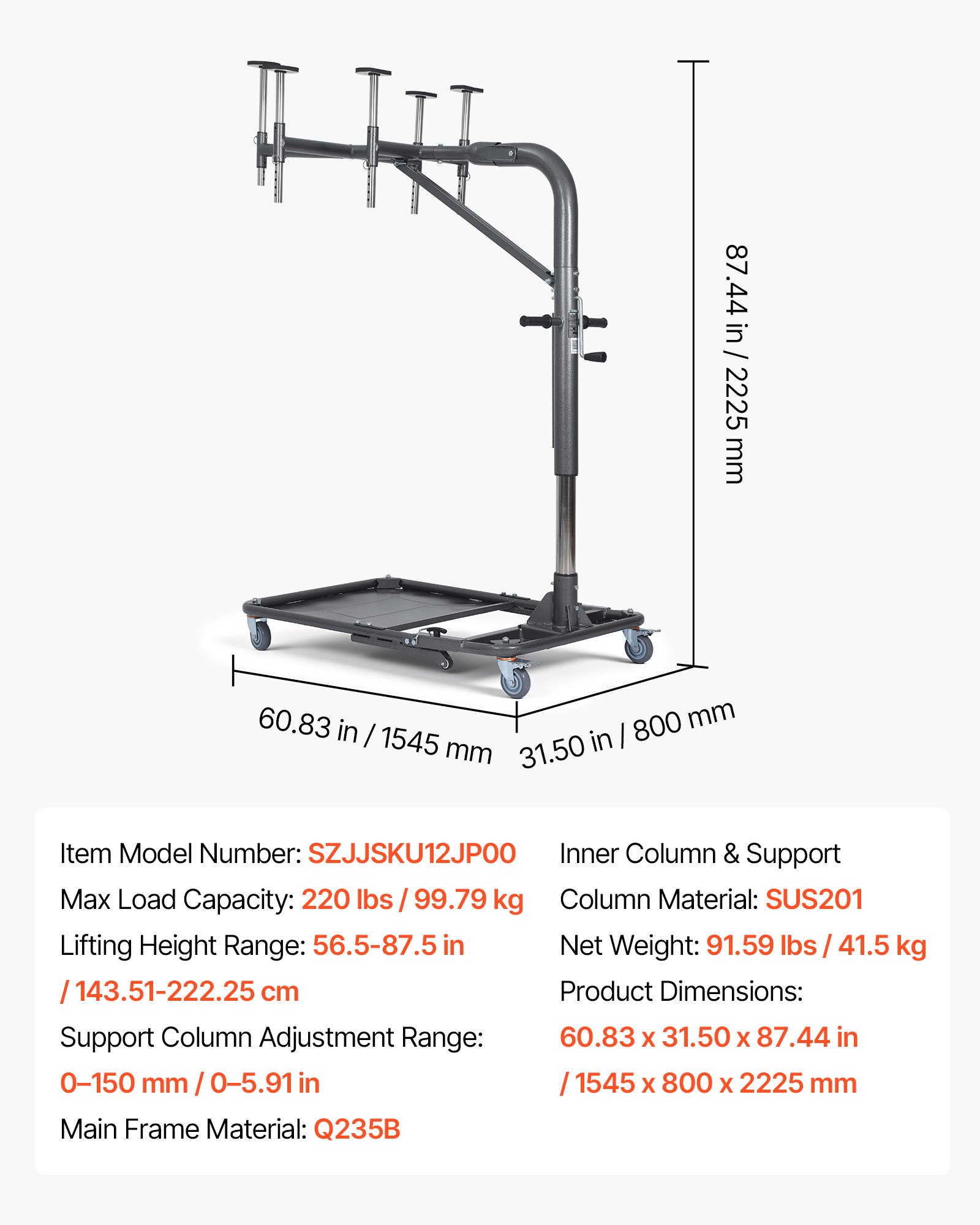Hard Top Remover Lift, 220 Lbs, Foldable Jeep Hardtop Removal And Storage System, Easy One-Person Operation, Adjustable Height, For Jeep Wrangler YJ, TJ, JK, JL, 4XE, Ford Bronco 4 Door & 6 Gen+