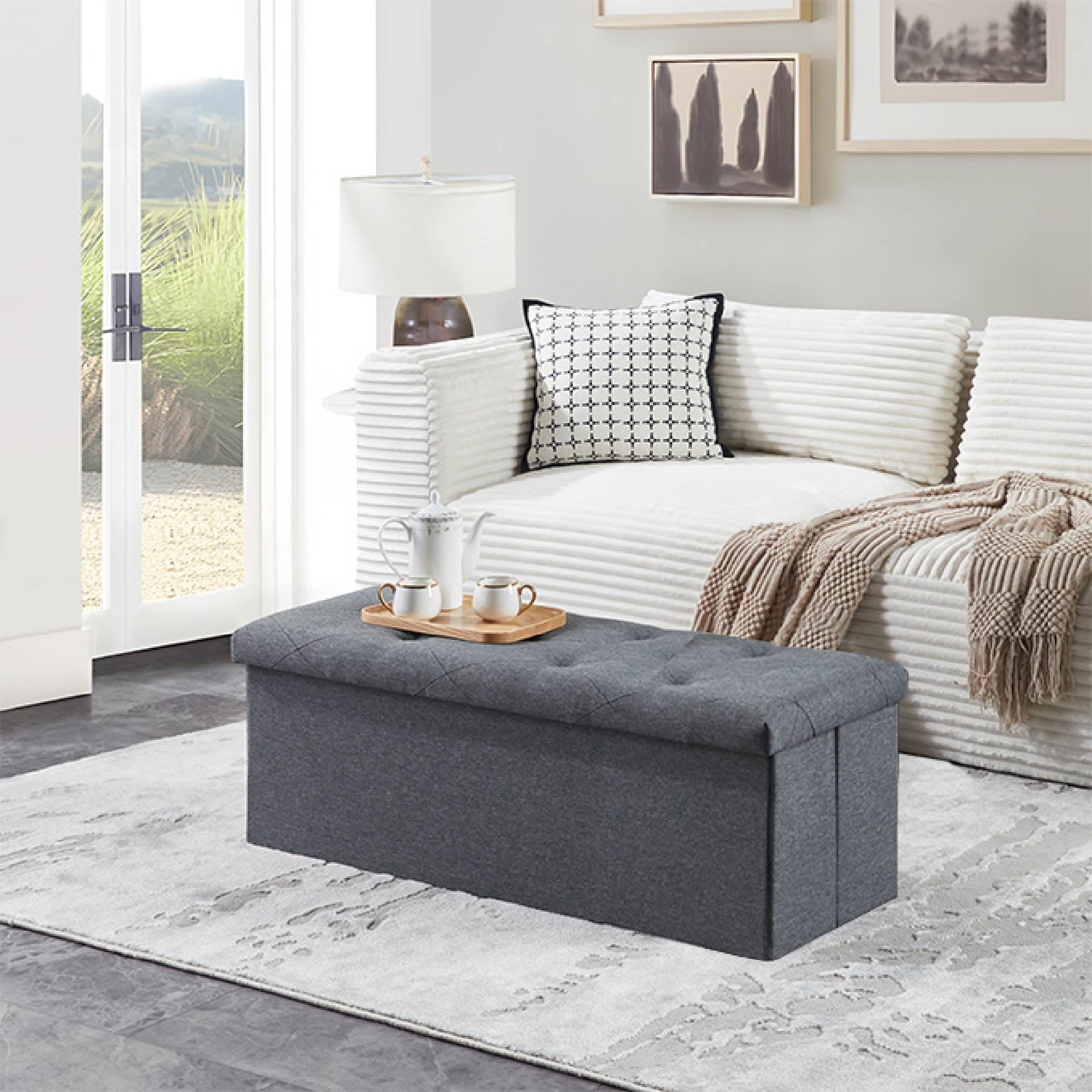 Folding Storage Ottoman Bench, Ottoman Foot Rest, End Of Bed Bench, Storage Chest, For Living Room, Bedroom, Entryway, 43 Inches, Gray
