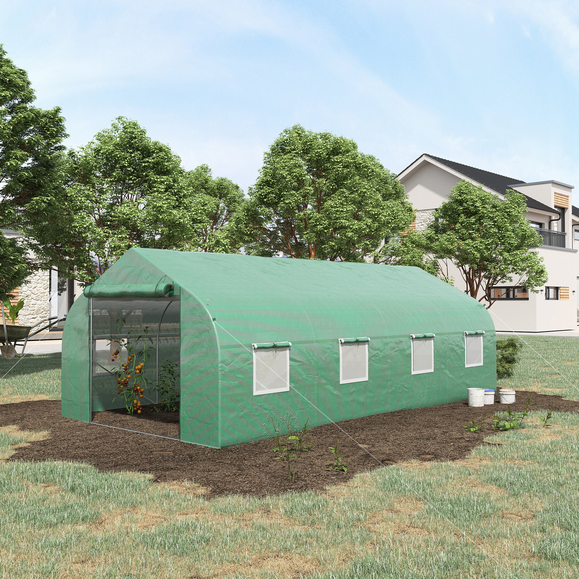 20 x 10 x 7 Walk-in Tunnel Greenhouse with Zippered Mesh Door and 8 Mesh Windows, Gardening Plant Hot House with Galvanized Steel Hoops, Green