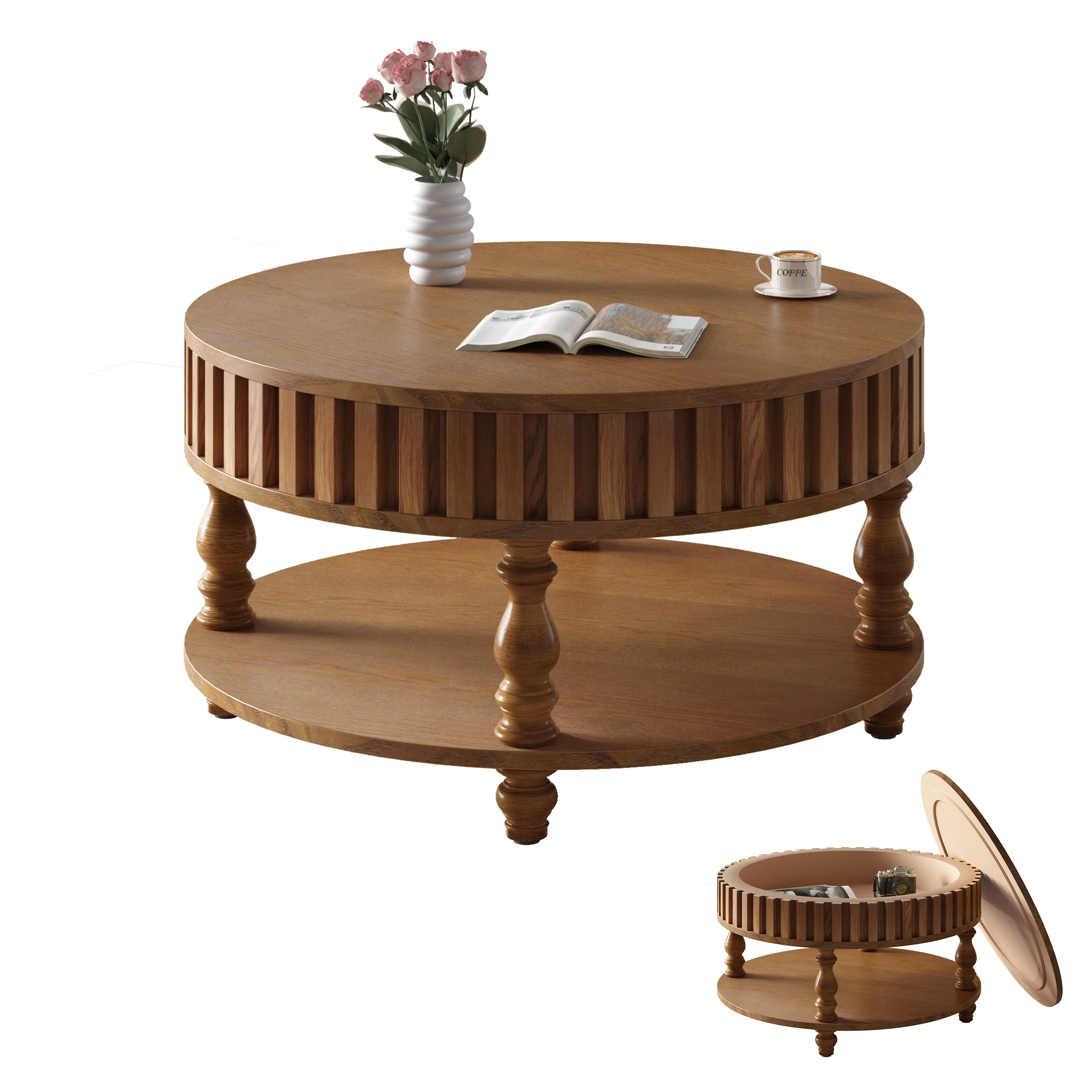 Mesa de centro rústica acanalada con almacenamiento y tapas abatibles, marrón, patas de madera