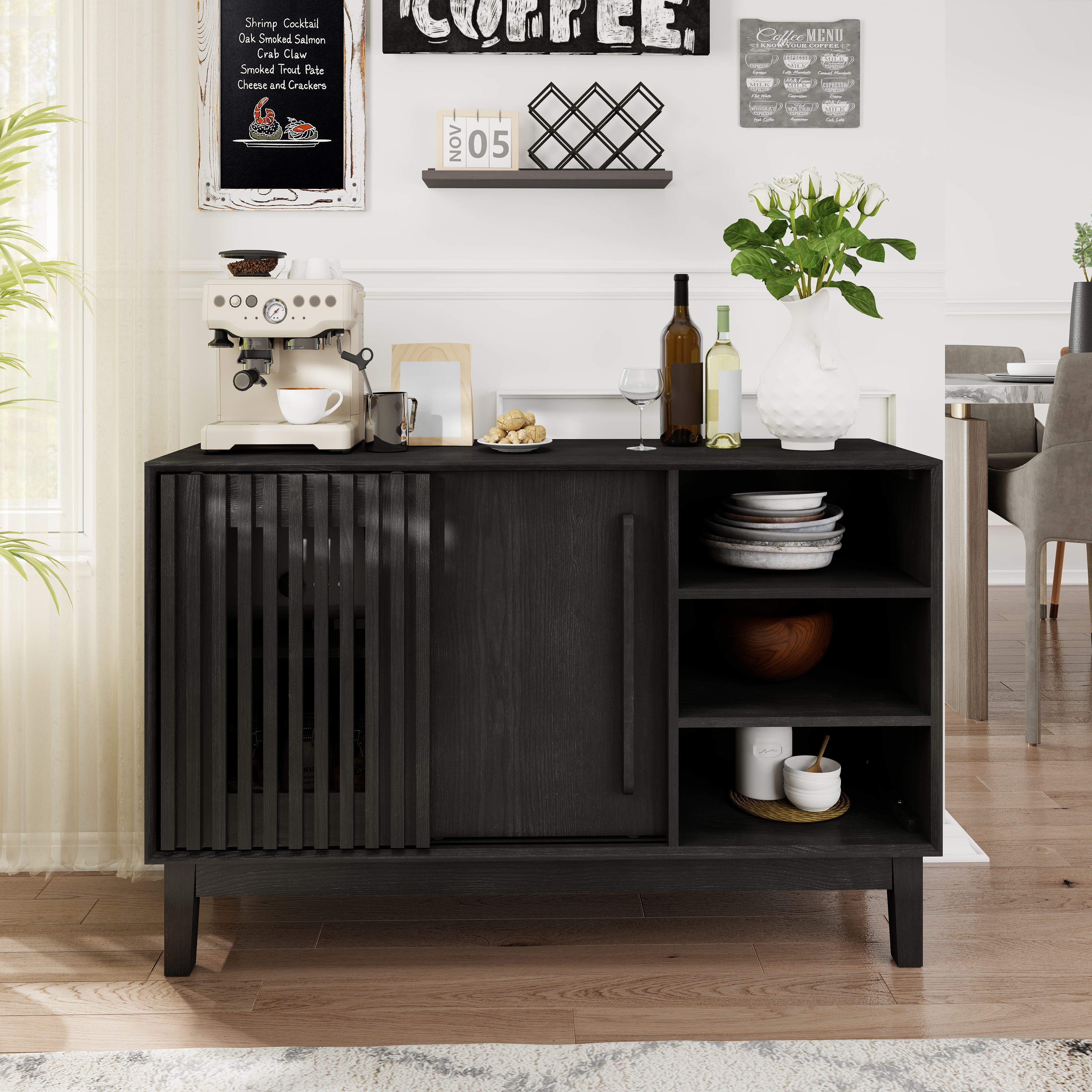 47.3  Sideboard Buffet Cabinet With Storage, Farmhouse Fluted Sideboard With 2 Doors & Solid Wood Feet, TV Media Console, Storage Cabinet For Kitchen Dining Living Room Entryway Hallway, Black