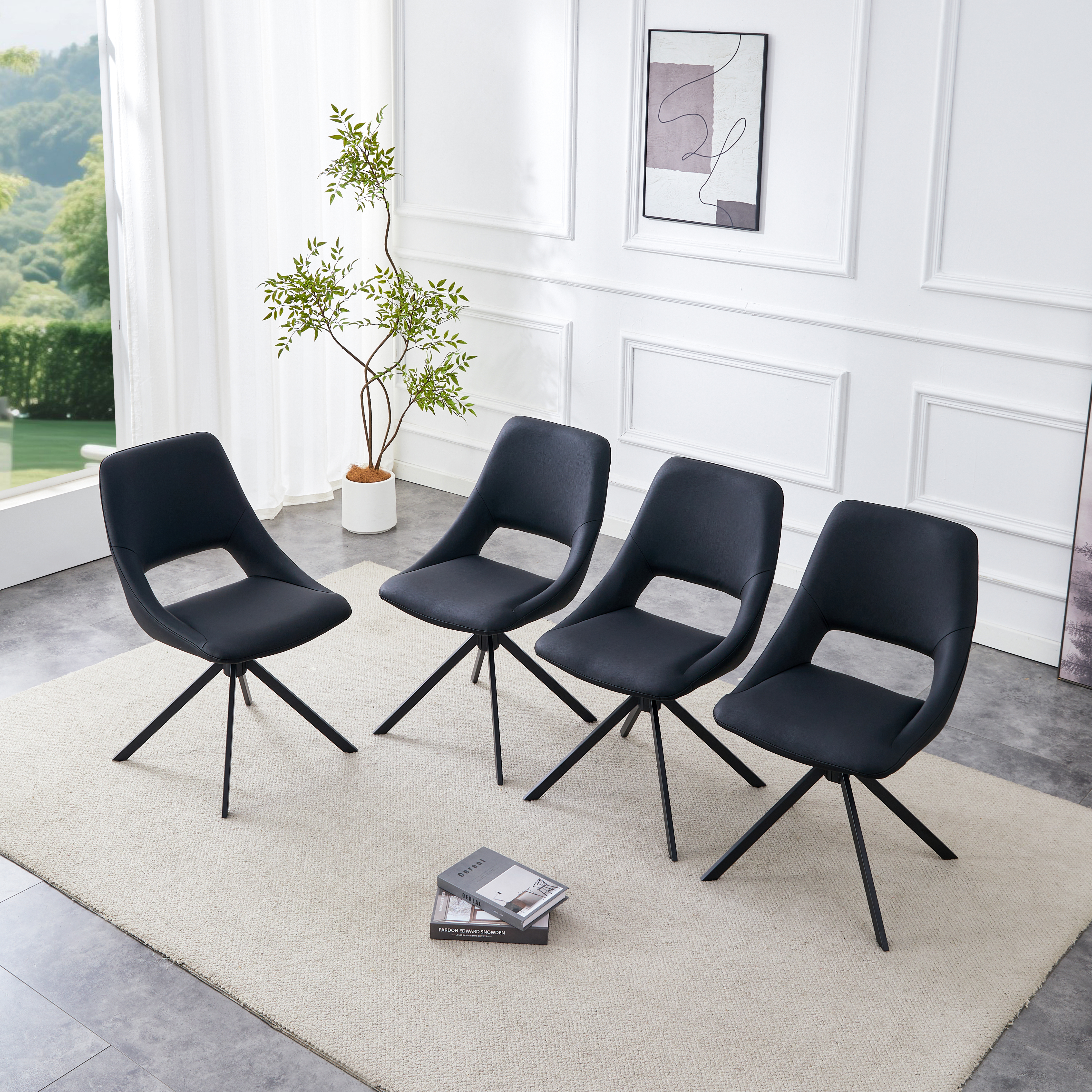 Set de 4 sillas de comedor giratorias, metal, cuero resistente a arañazos, negras