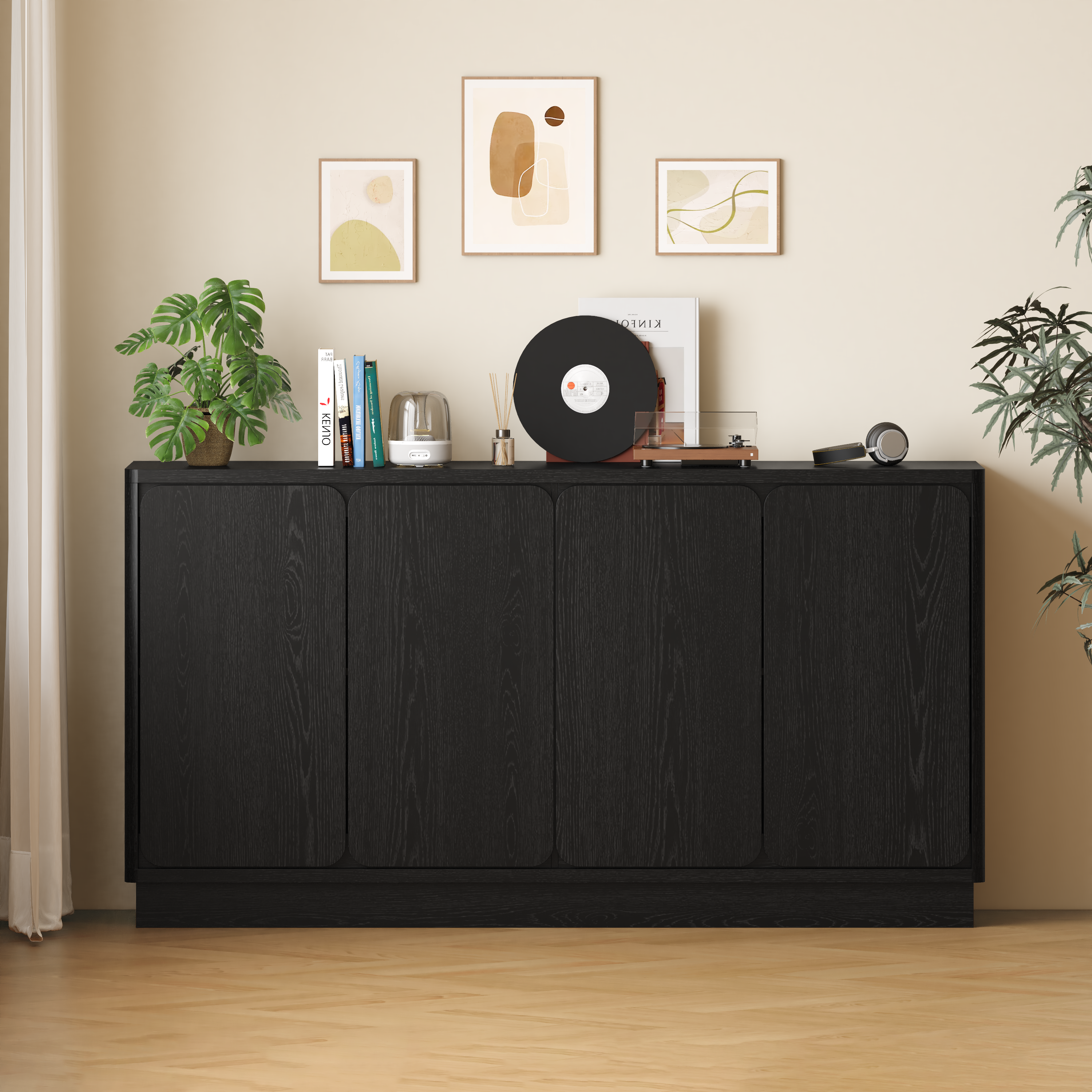 59.1 Inch Black 4-Door Sideboard Buffet Cabinet, Particle Board Storage Credenza with Adjustable Shelves, Wide Console Storage Cupboard for Dining Room, Kitchen, Living Room & Entryway