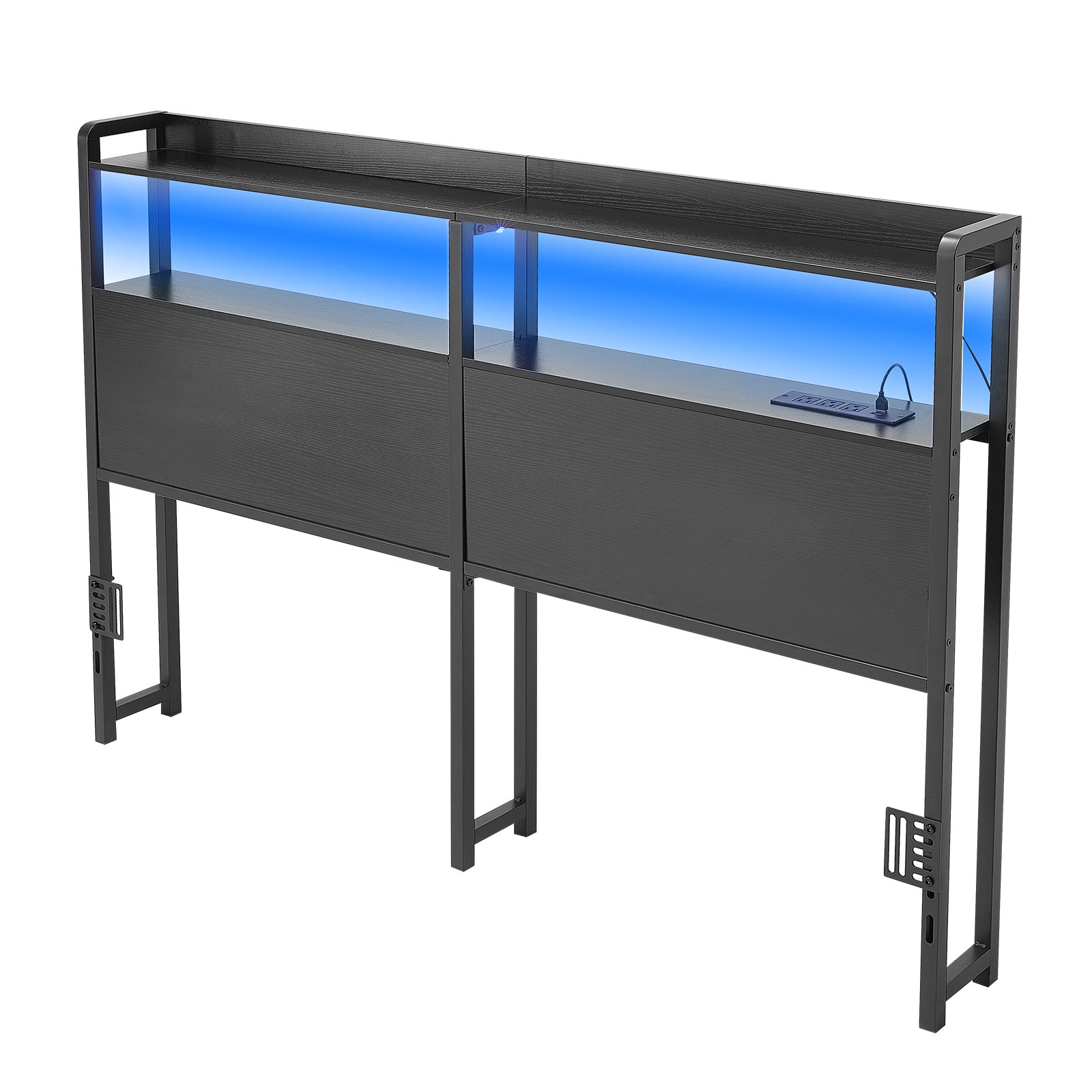 Cabecero para cama Queen con 2 estantes, luz LED, 3 tomas y 3 puertos USB, negro