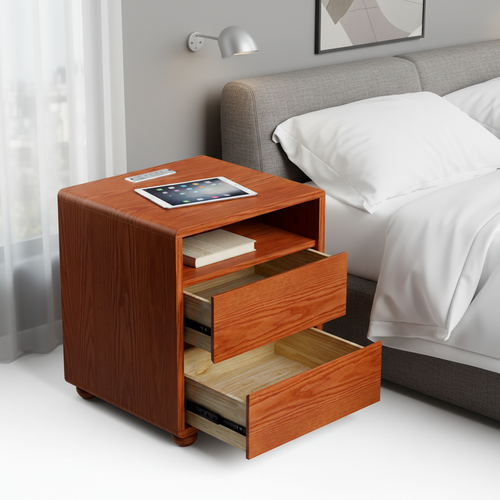 Mesa de noche moderna de madera maciza con 2 cajones, estantes y estación de carga.