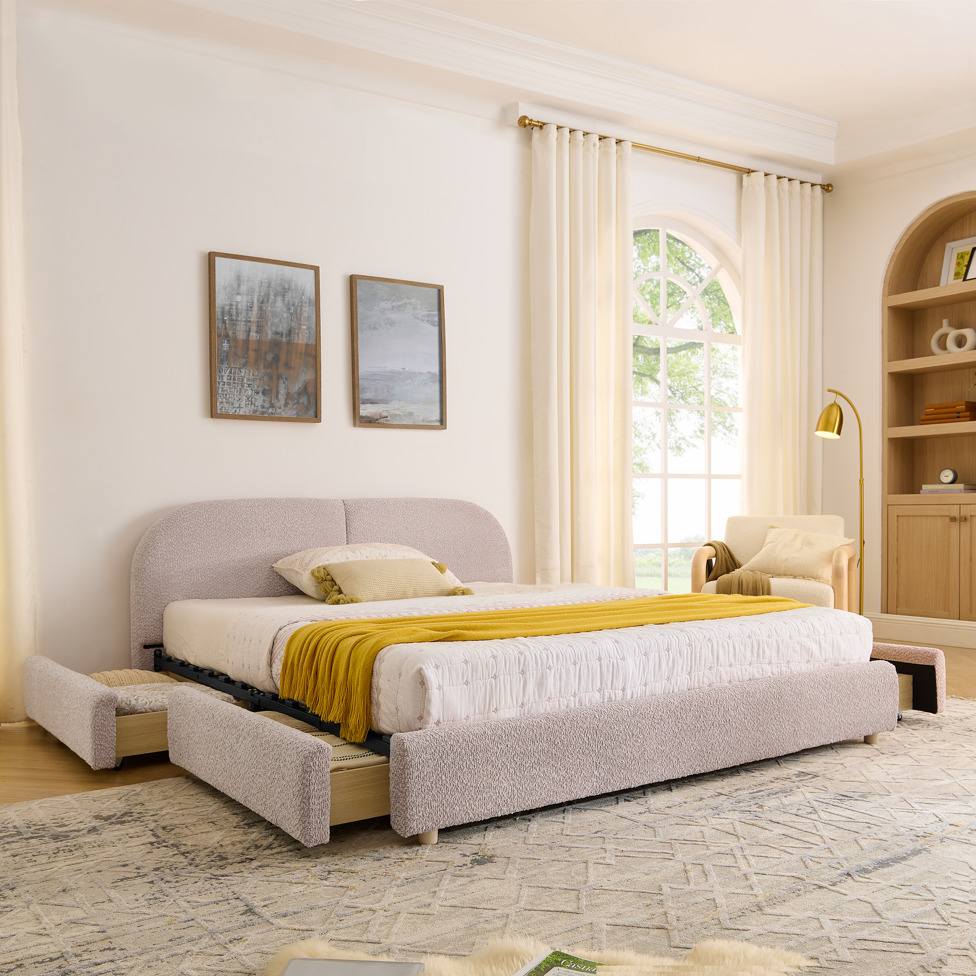 Queen Size Upholstered Bed Frame Modern Minimalist Style - Circle Yarn Fabric, Tall Curved Headboard, Sturdy Leg Support & Wheeled Drawer Storage, Mattress Not Included -Pink