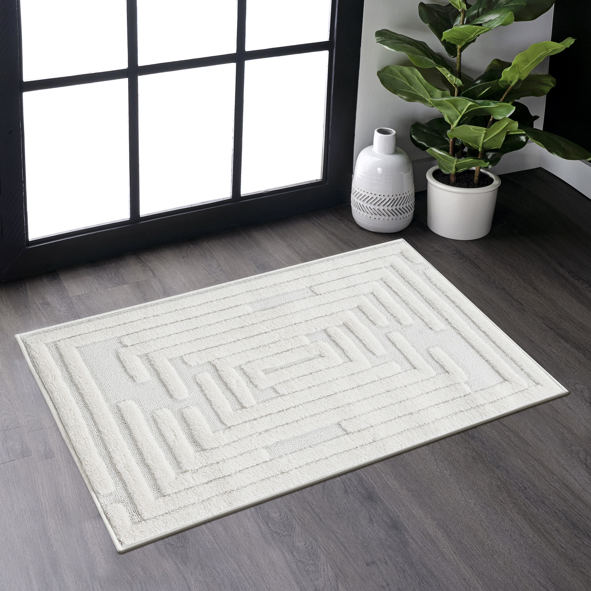 Tapete Step Collection 2x3 pies crema, a rayas, moderno, no suelta pelusa