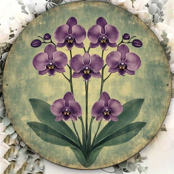 CIFbuy Placa Decorativa Redonda Vintage Orquídea Morada 8x8 pulgadas