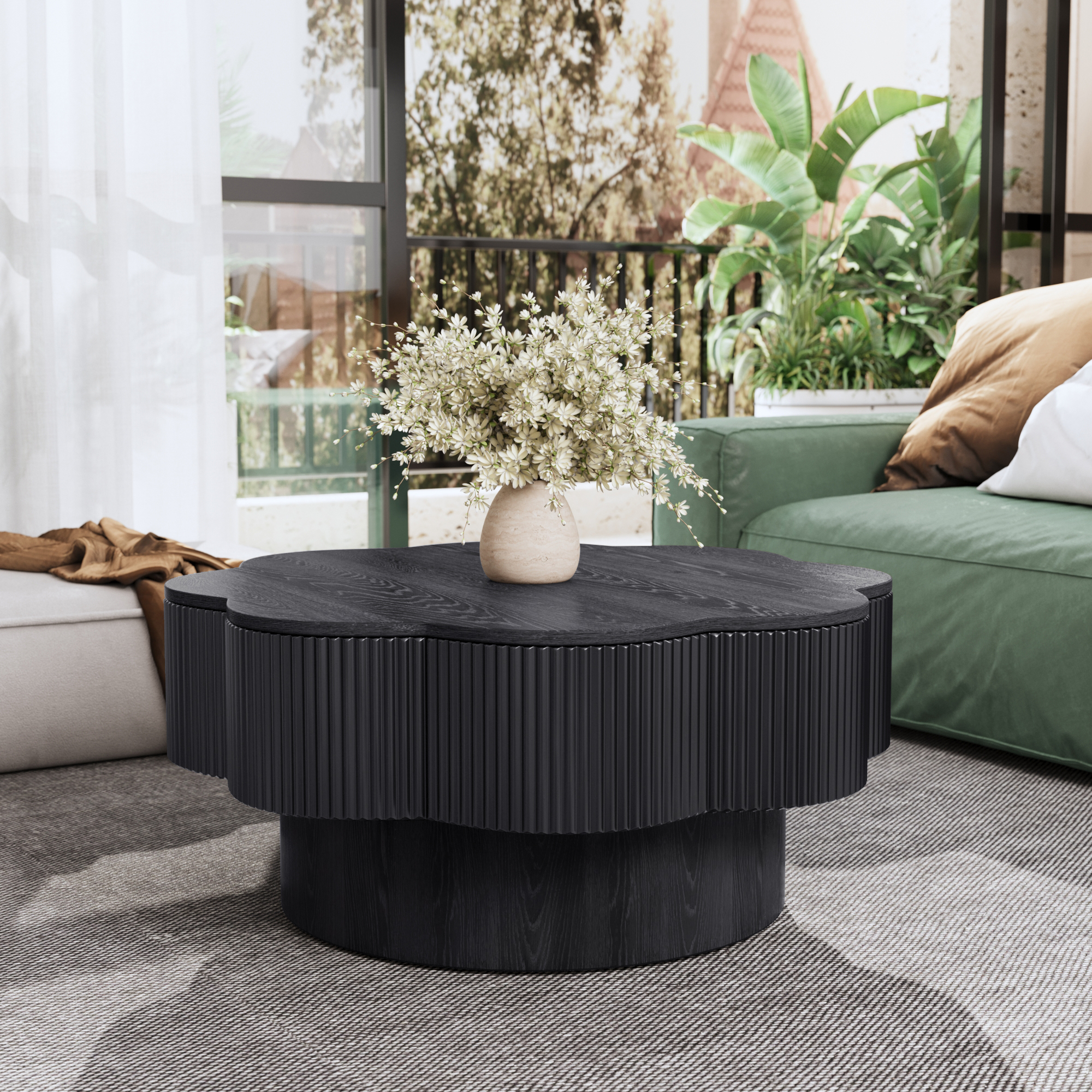31.50 Modern Flower Shaped Coffee Table, Plum Blossom Shaped Coffee Table With Storage  Natural Wood Veneer, For LivingRoom, Apartment, Office, Easy Assembly, Black