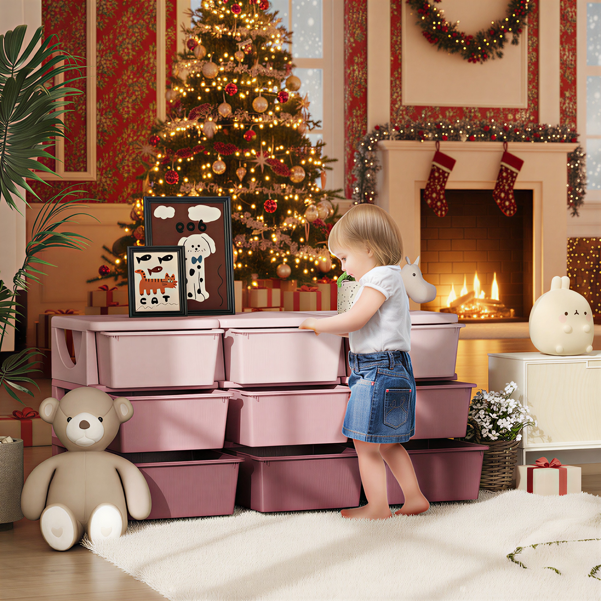 29.5" 3 Tier Kids Storage Unit Dresser Tower w/ 9 Drawers, Pink