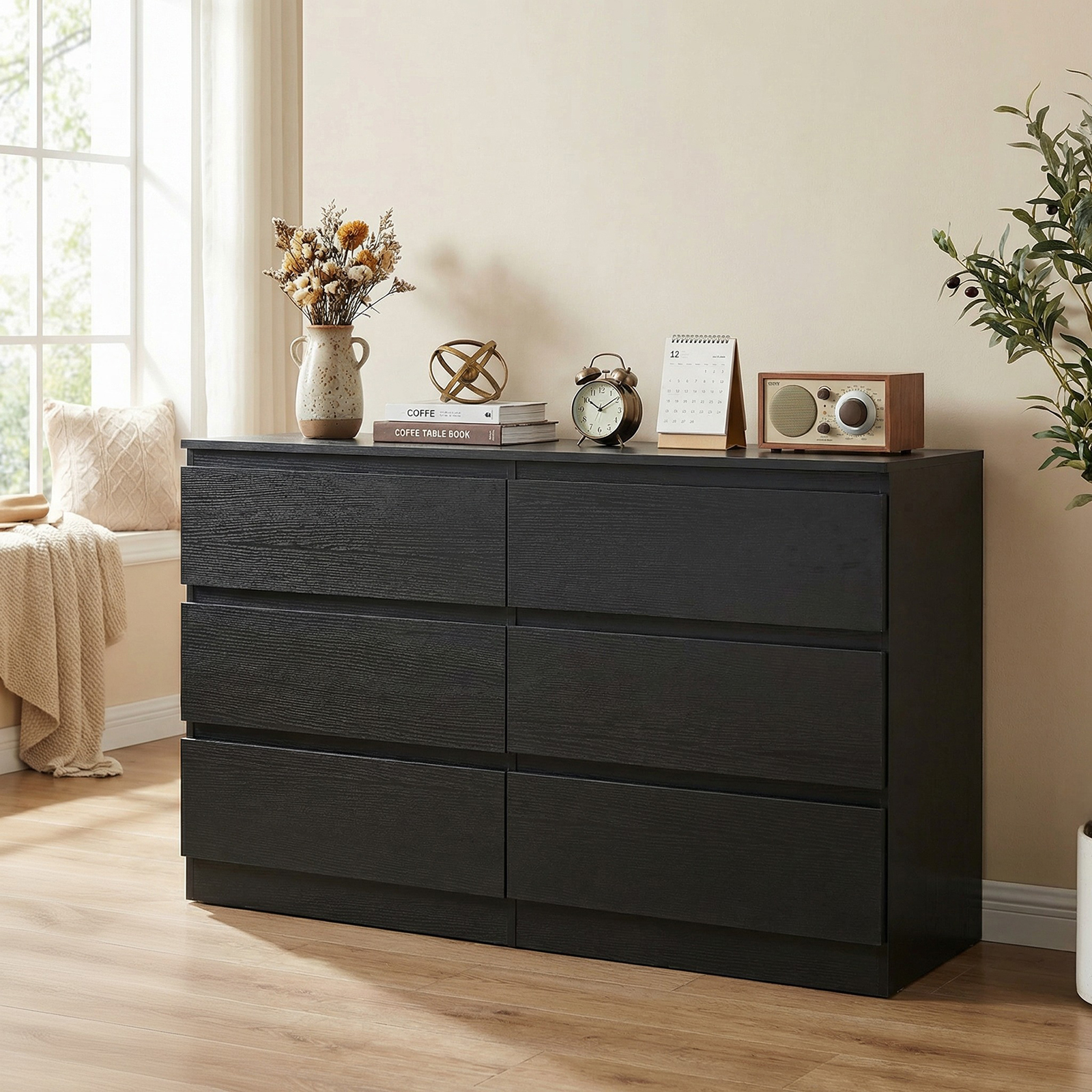 6 Drawer Black Dresser, Modern Bedroom Dresser With Spacious Countertop, Wood Storage Cabinet With Concealed Handles & 6 Deep Drawers For Bedroom, Living Room, Entryway, 15.7 D X 47.2W X 30.9 H