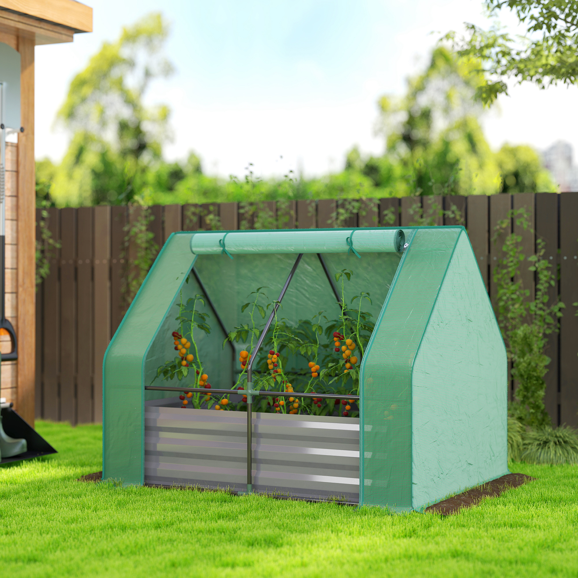 Cama de jardín elevada galvanizada de 4 x 3 pies con mini invernadero, verde y gris oscuro