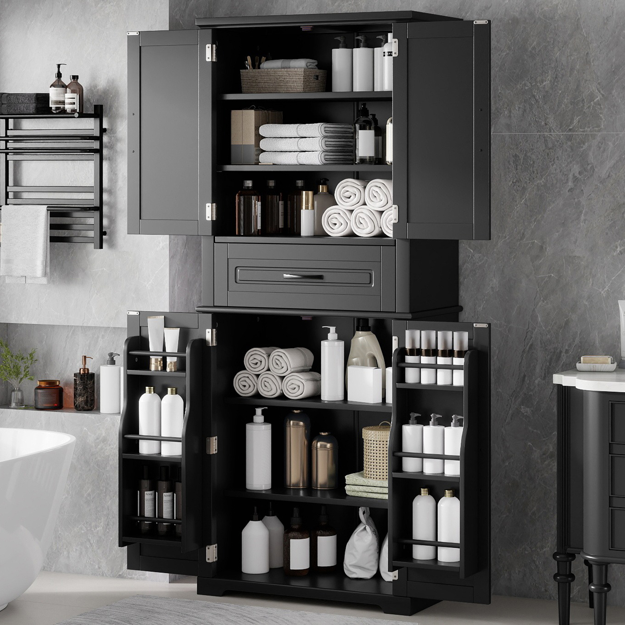 Mueble de almacenamiento para baño, cajón con rieles, estante ajustable, negro.
