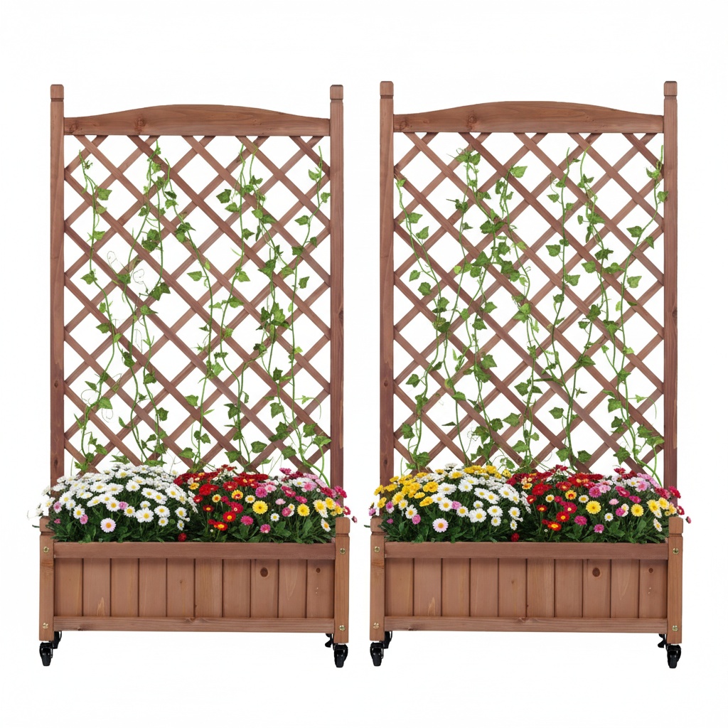 Paquete de 2 jardineras elevadas de madera con enrejado para plantas trepadoras