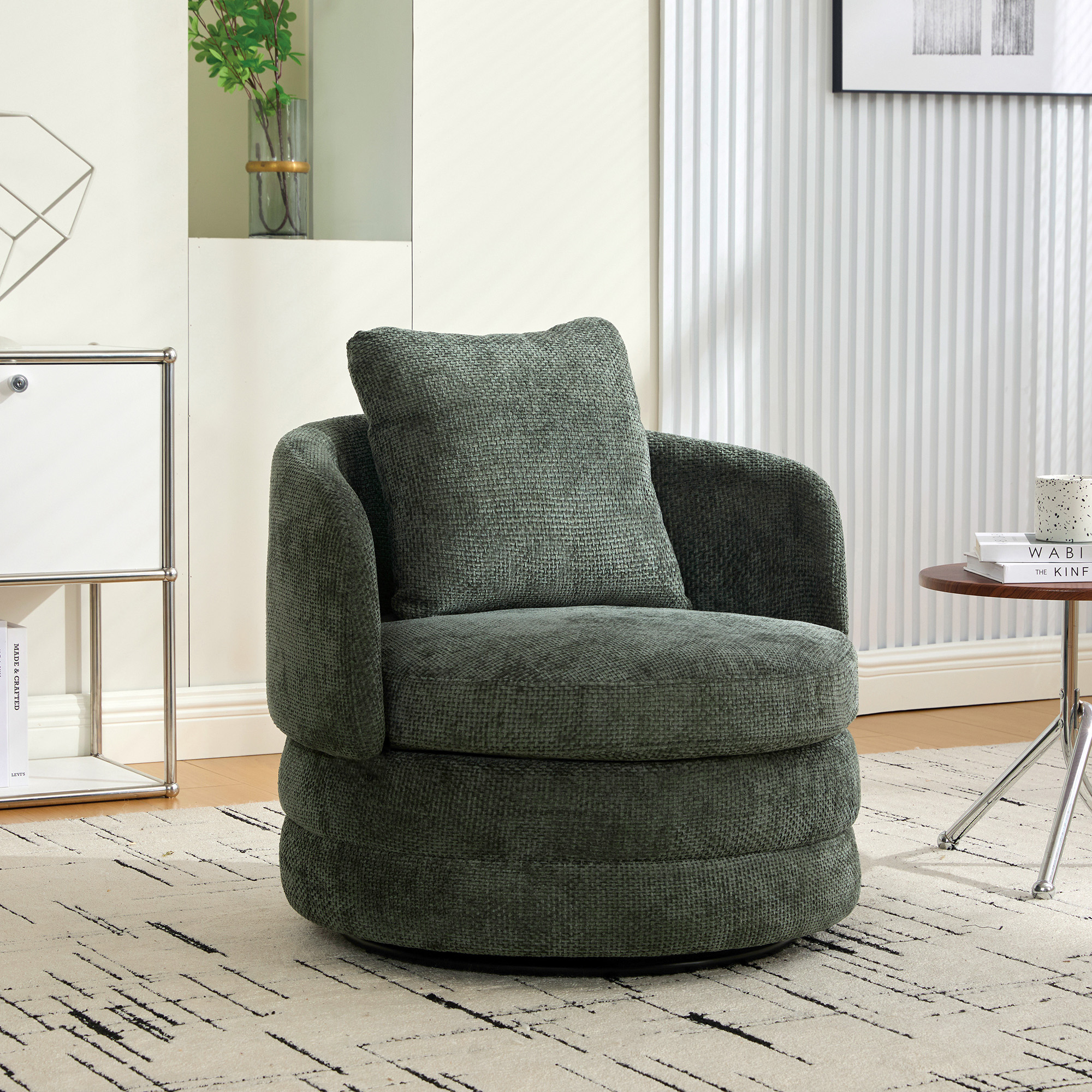 30 W Modern Round 360 Swivel Barrel Accent Chair With Pillow, Chenille Upholstered Comfy Barrel Armchair Single Club Sofa Chair For Living Room,Bedroom, Reading Room, Balcony, Lounge, Green
