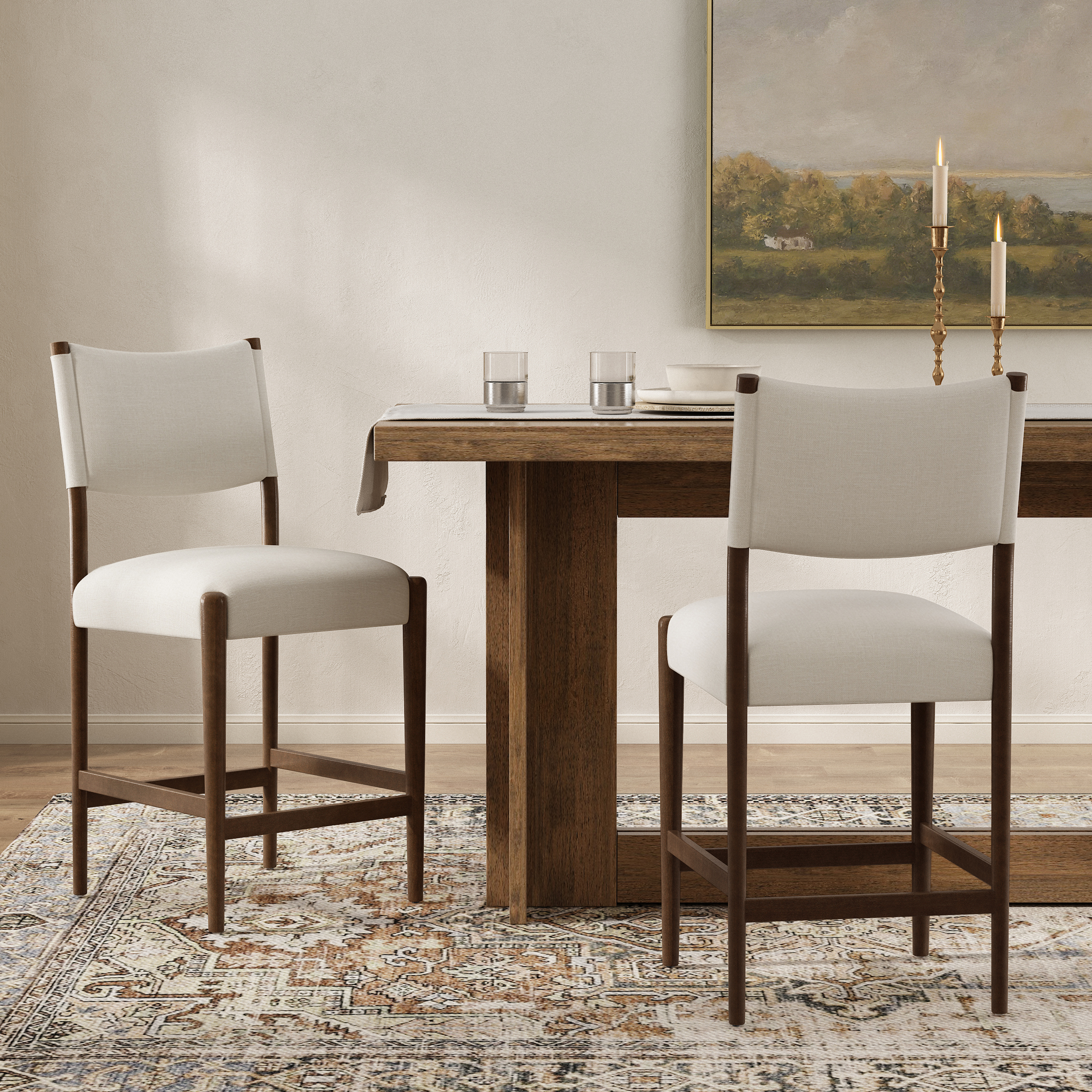 Taburetes de bar de 26.4 pulgadas, juego de 2, tapizados en lino, patas de madera, beige.