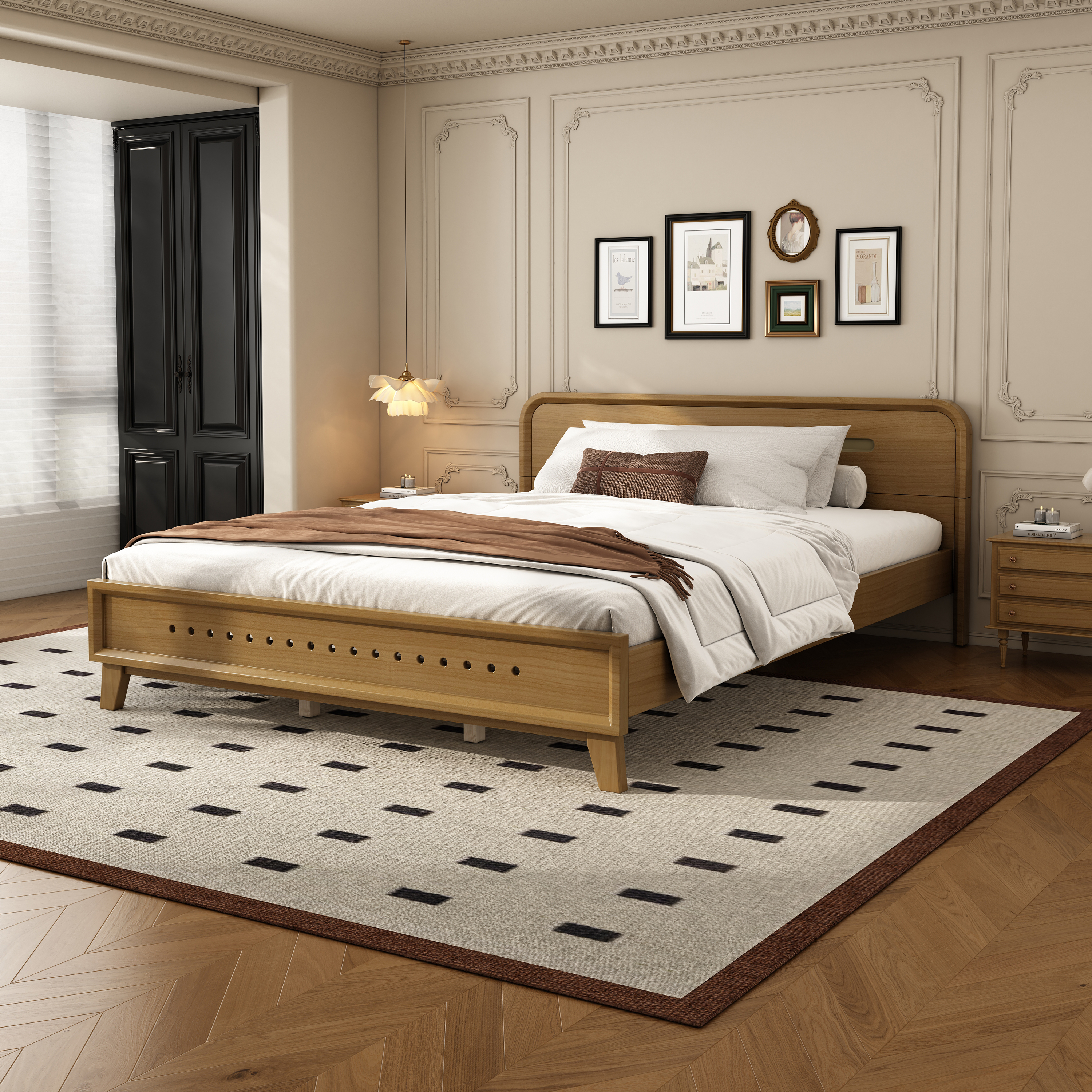 Cama tamaño Queen de madera maciza de pino, estable, no requiere somier, amarillo rústico.
