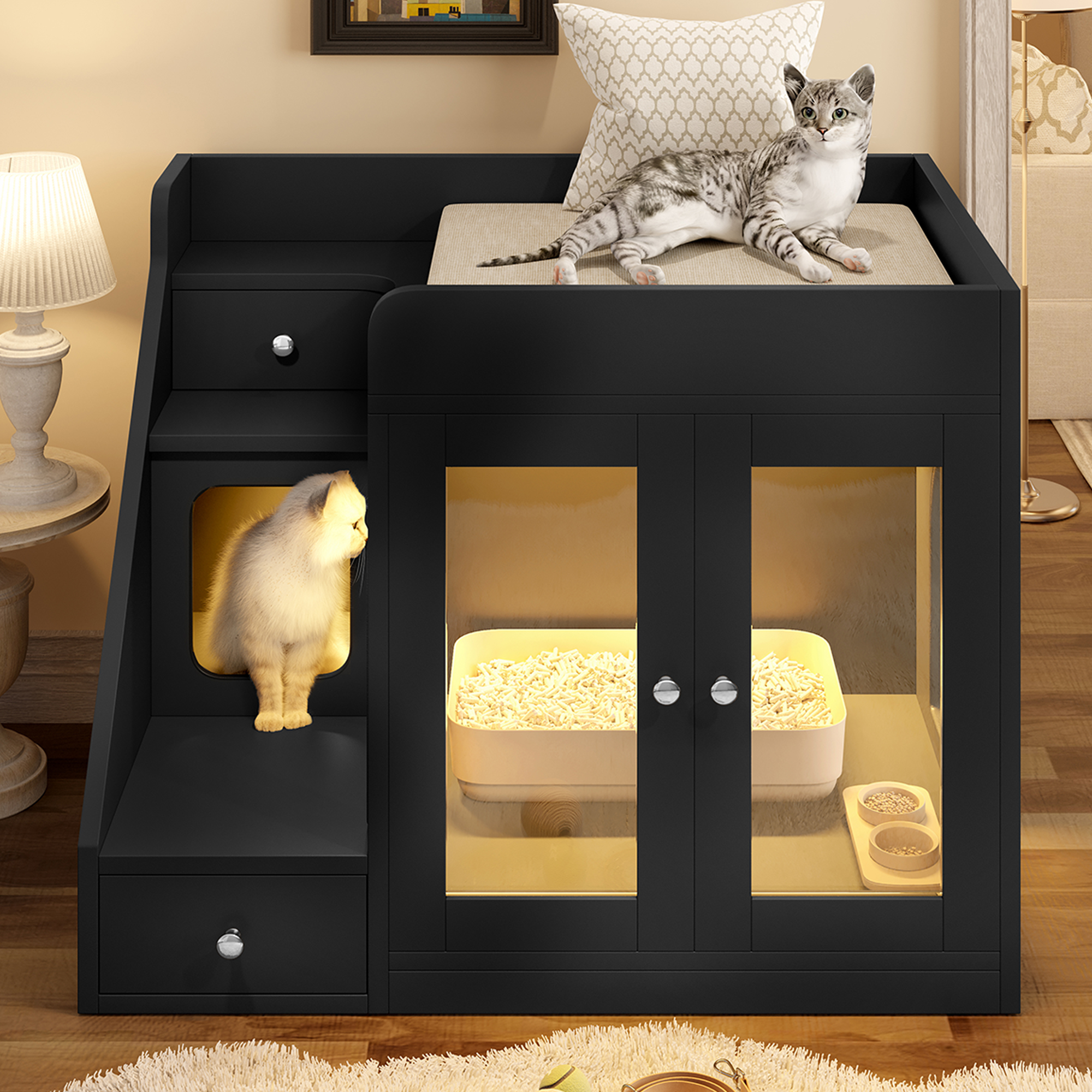 GO Cat Litter Box Enclosure With  Light , Hidden Litter Box Furniture With 2 Storage Drawers, Indoor Cat House Side Table For Living Room, Black