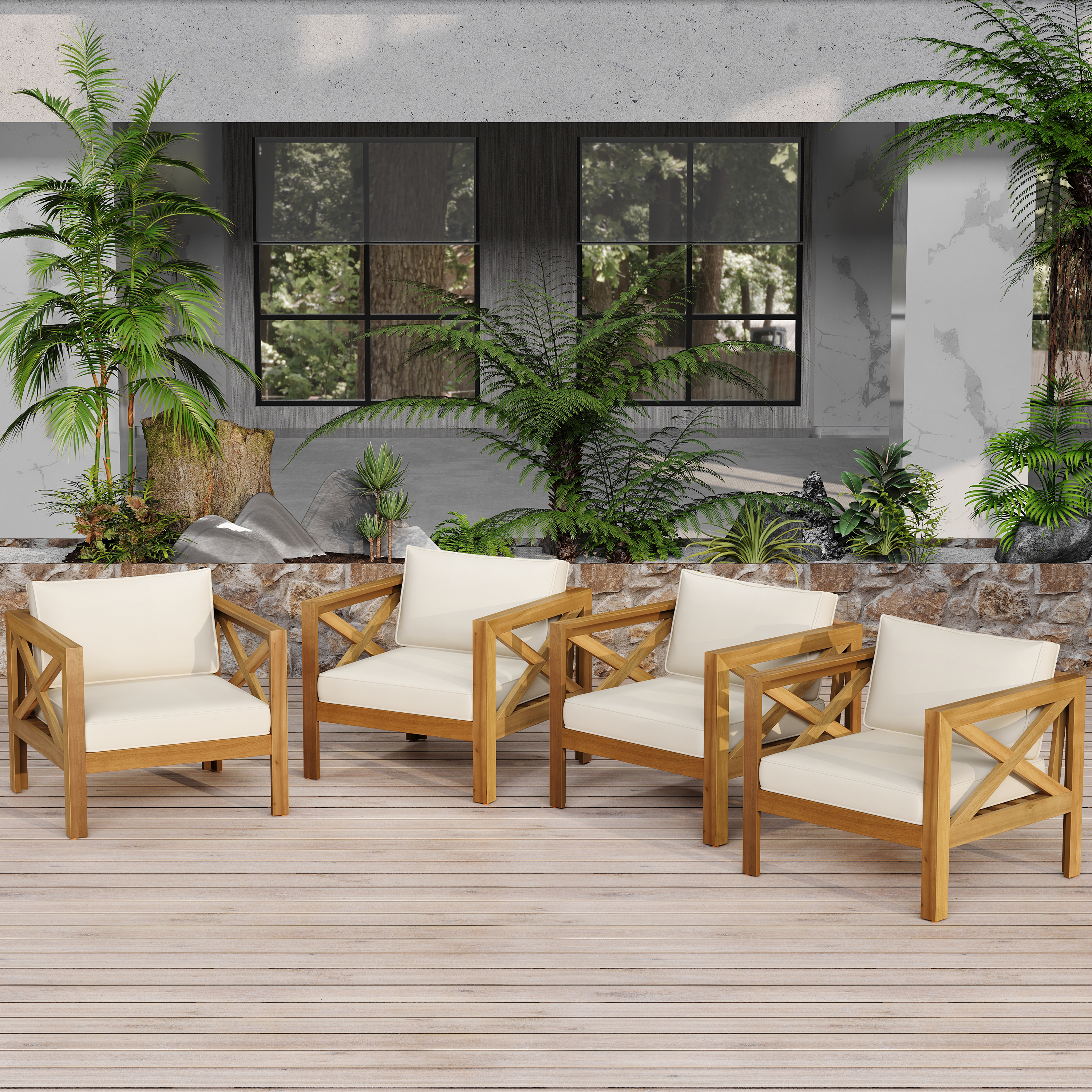 Set de 4 sillones de club de madera de acacia para exterior, cojines beige, acabado teca.