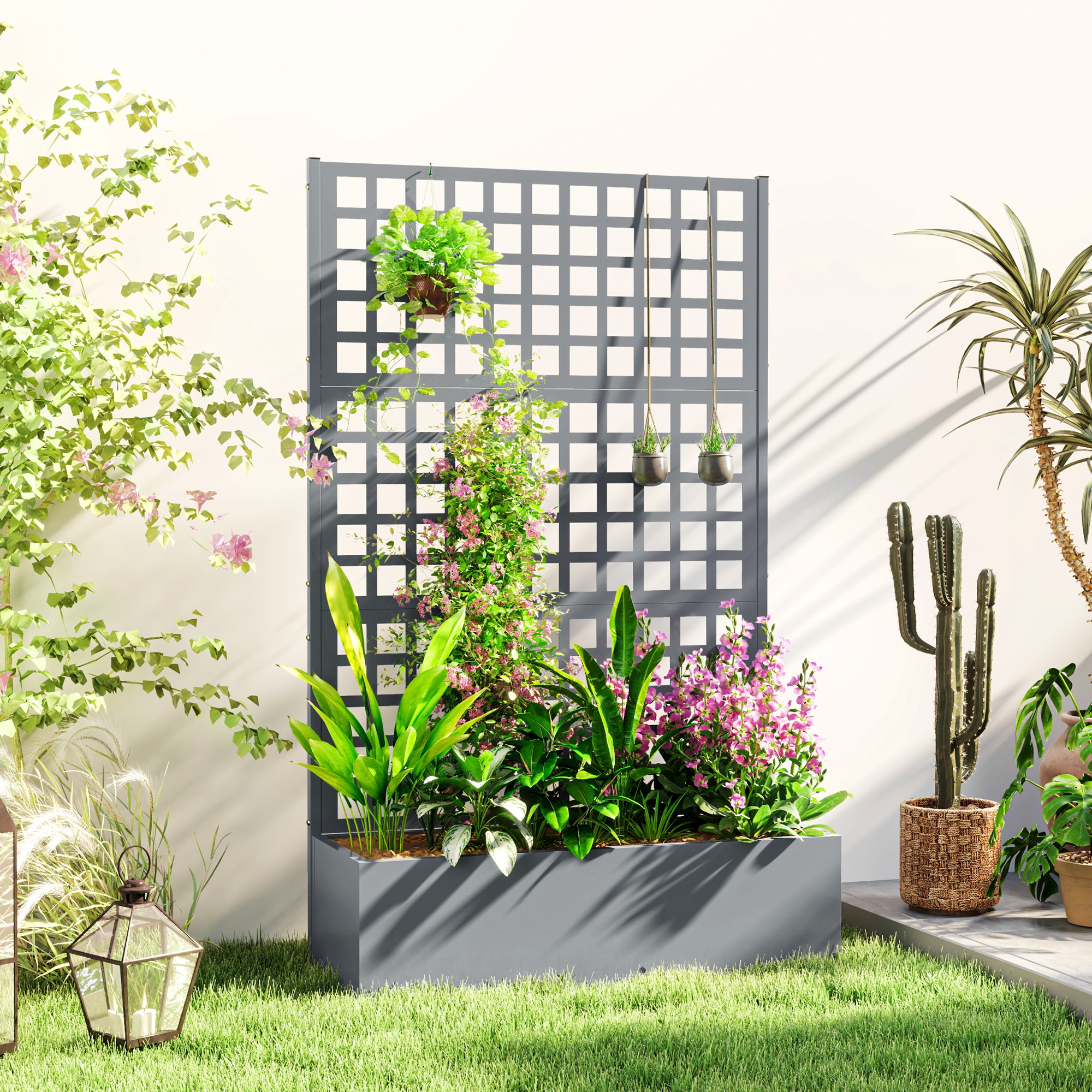 Cama de jardín elevada galvanizada con enrejado, 109x41x178 cm, para plantas.