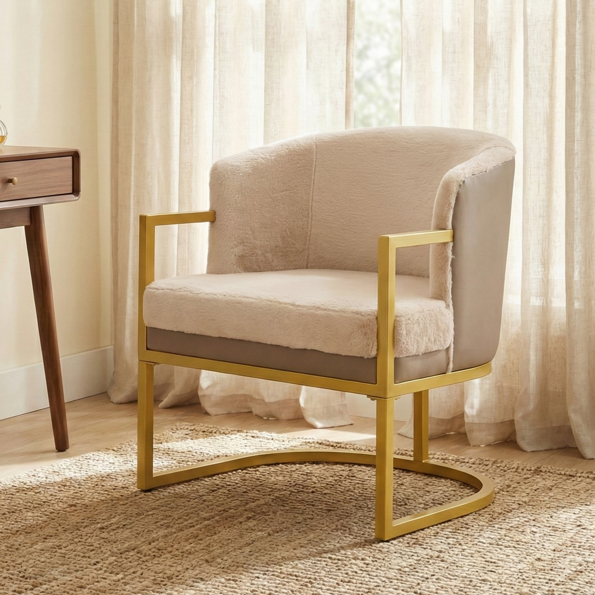 Modern Accent Chair Cozy Armchair Upholstered Reading Chair with Gold Metal Frame Living Room, Bedroom, or Office, Brown