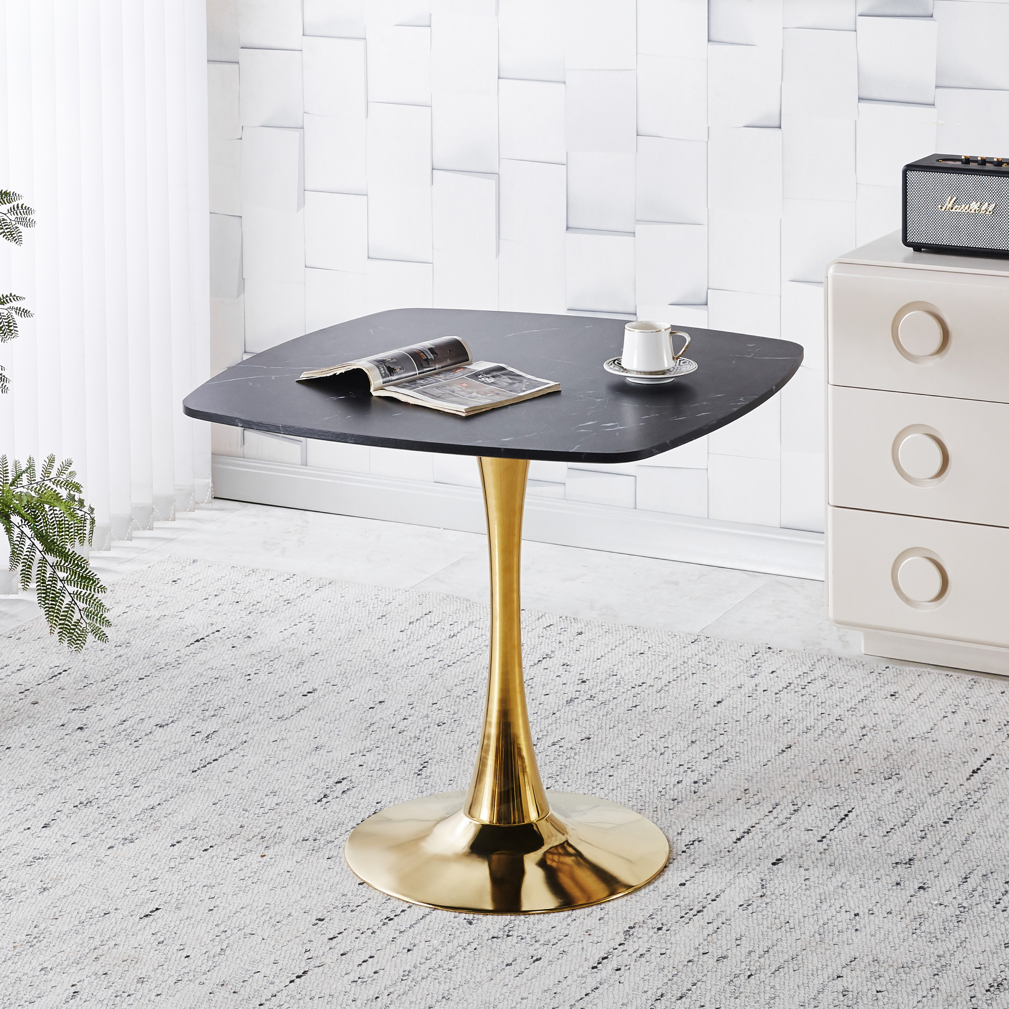 Square Dining Table 31.5 Inch, Mid-Century Modern Kitchen Table For 2-4 Person, Black And Golden Tulip Pedestal Base With MDF Tabletop For Small Space, Apartment, Breakfast Nook